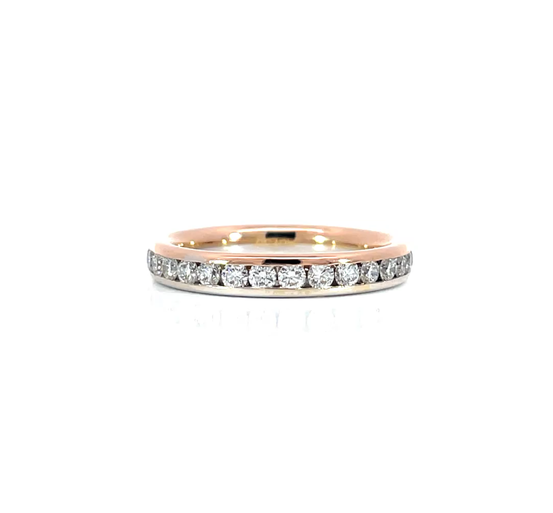 Round Eternity Band Channel Setting 1.00 carat total diamond D-F color VS clarity 18K white gold handcrafted in Dubai

