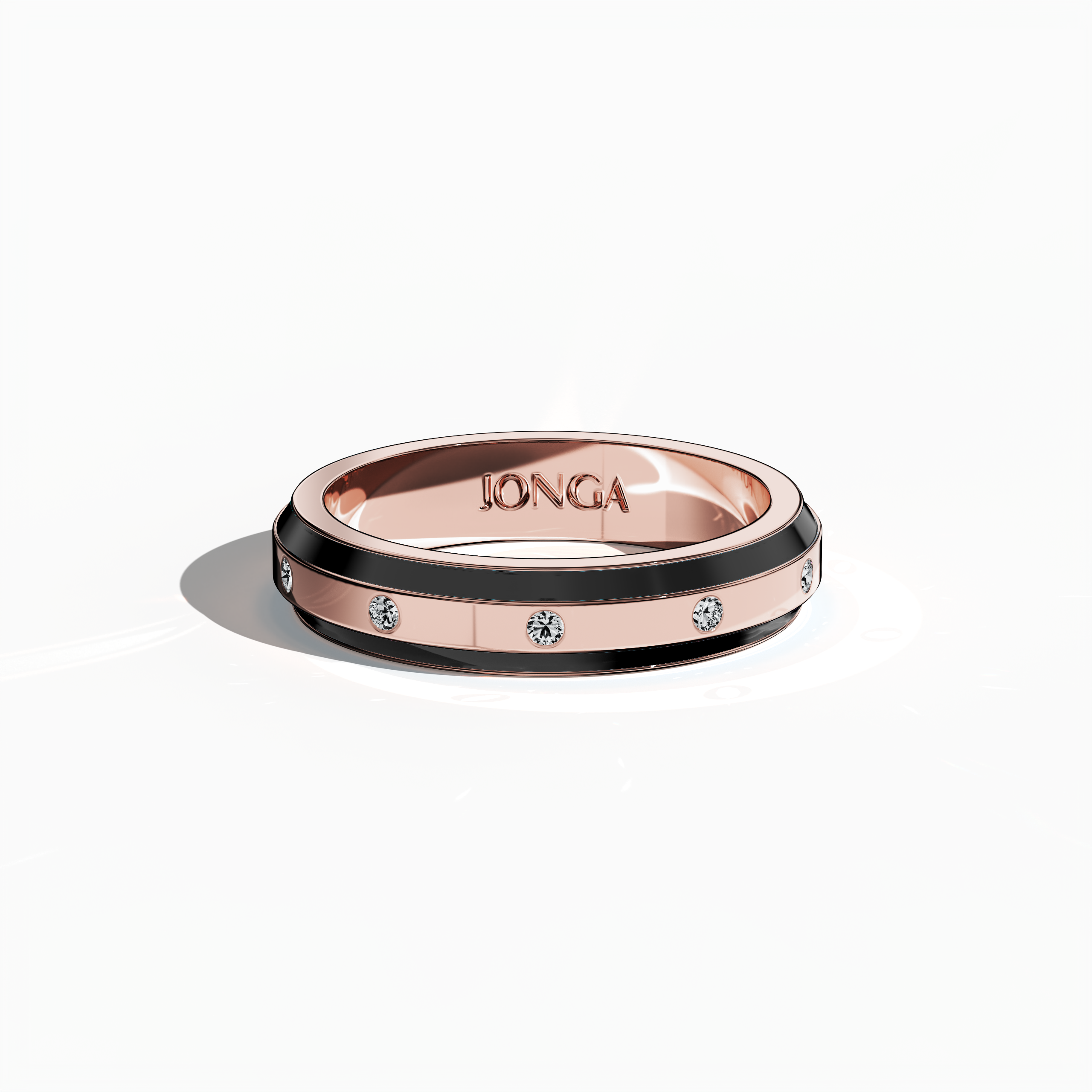 Viewed from a sleeping front top angle, this captivating nine diamond enamel ring in lustrous rose gold with rich black enamel displays an exquisite interplay of warmth and dramatic contrast. The band’s seamless center line, set with nine brilliant diamonds (up to 0.10 carat total), is enhanced by a high-gloss enamel finish that accentuates every detail. Bearing design names Elegant Fusion, Modern Radiance, Timeless Chic, Luxe Harmony, Classic Splendor, and Contemporary Brilliance.