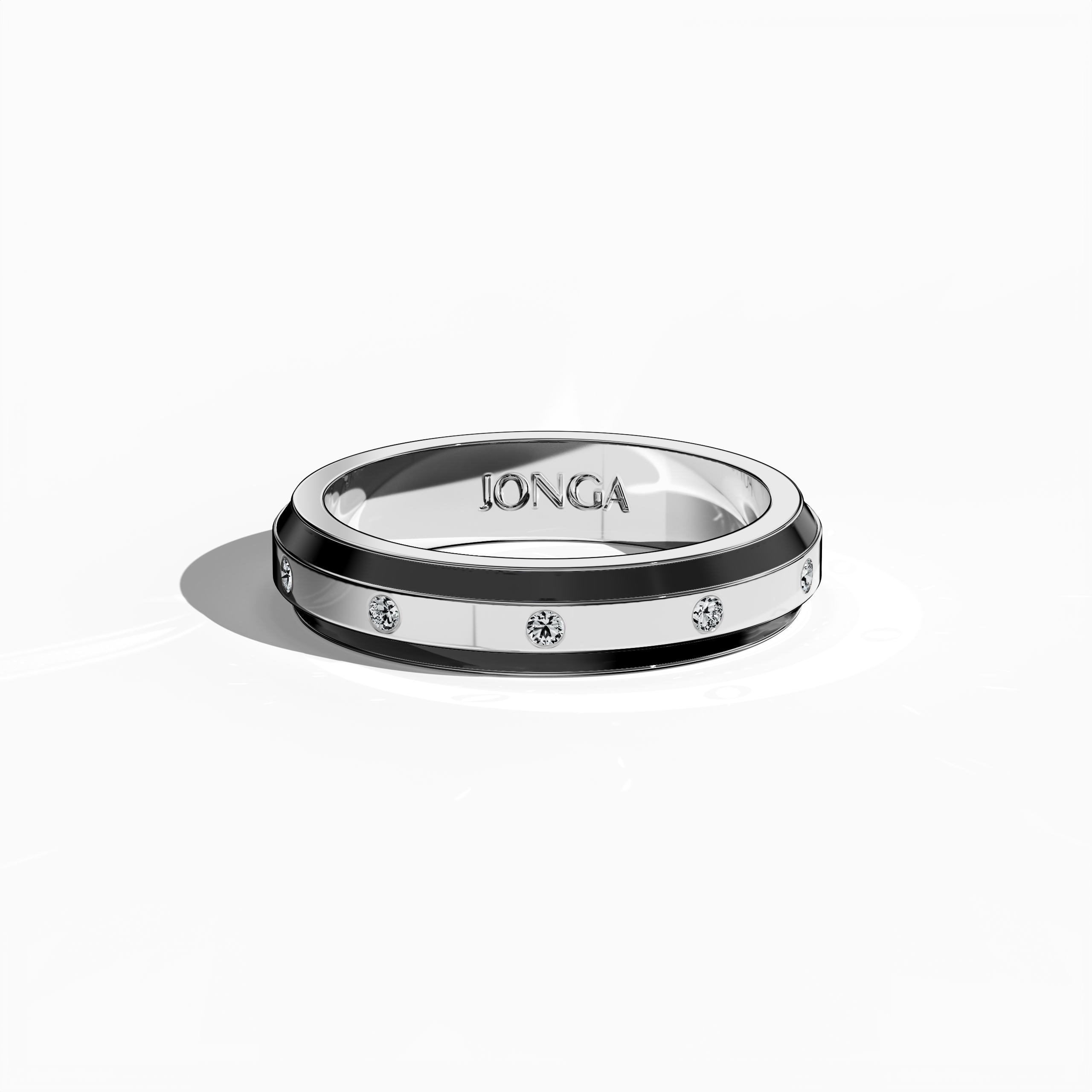 Viewed from a sleeping front top angle, this striking nine diamond enamel ring in radiant white gold with rich black enamel exudes sophisticated artistry. Its meticulously crafted band features a central row of nine dazzling diamonds (up to 0.10 carat total) and a glossy enamel finish that emphasizes intricate detailing. Known as Elegant Fusion, Modern Radiance, Timeless Chic, Luxe Harmony, Classic Splendor, and Contemporary Brilliance, the design epitomizes luxury. Keywords: refined, luxury, precise.