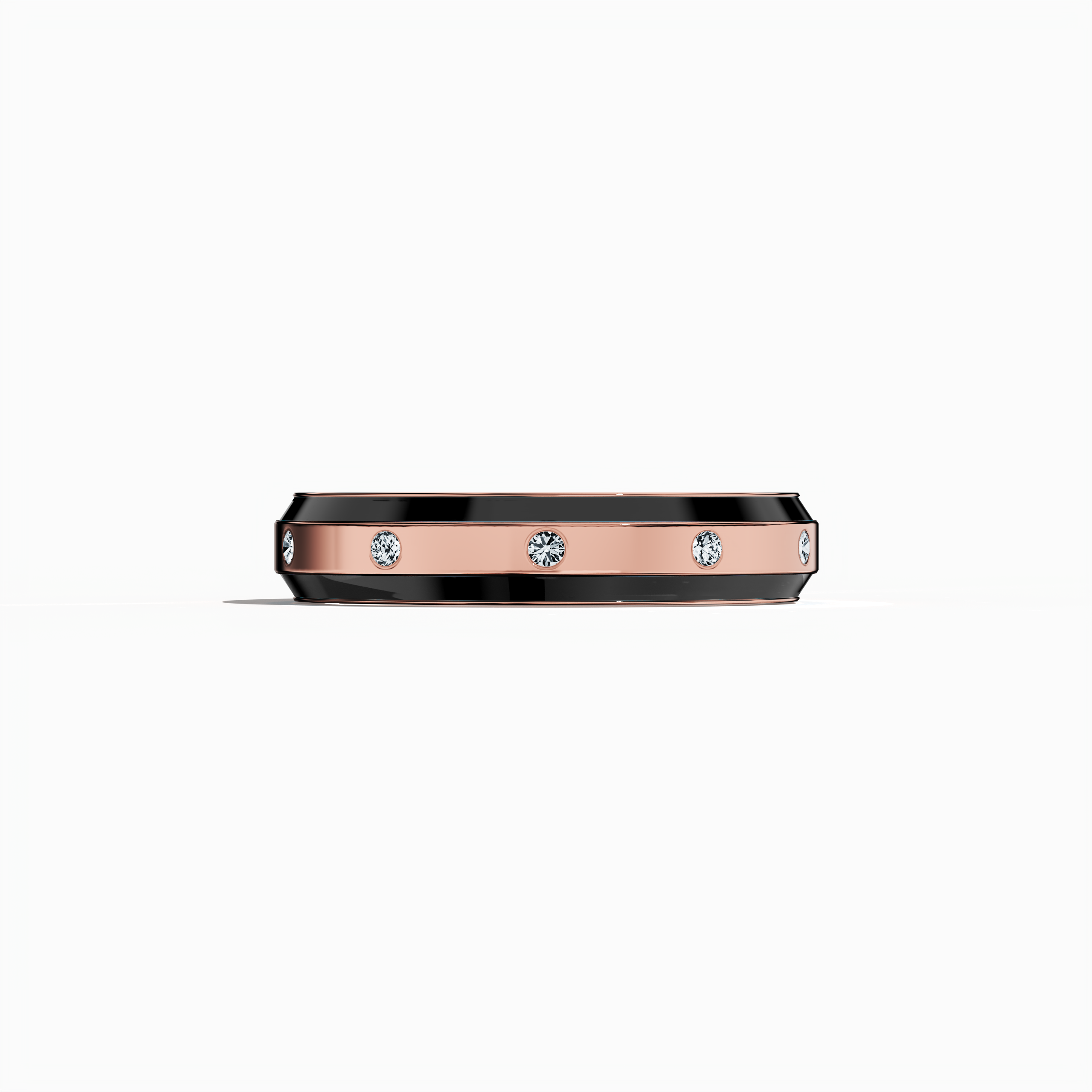 Captured in a delicate sleeping front view, this elegant nine diamond enamel ring in warm rose gold with deep black enamel radiates a unique blend of softness and bold contrast. The intricately designed band, adorned with nine radiant diamonds totaling up to 0.10 carat along its center line, is finished in a glossy polish that elevates its refined details. Recognized as Elegant Fusion, Modern Radiance, Timeless Chic, Luxe Harmony, Classic Splendor, and Contemporary Brilliance, rose gold.