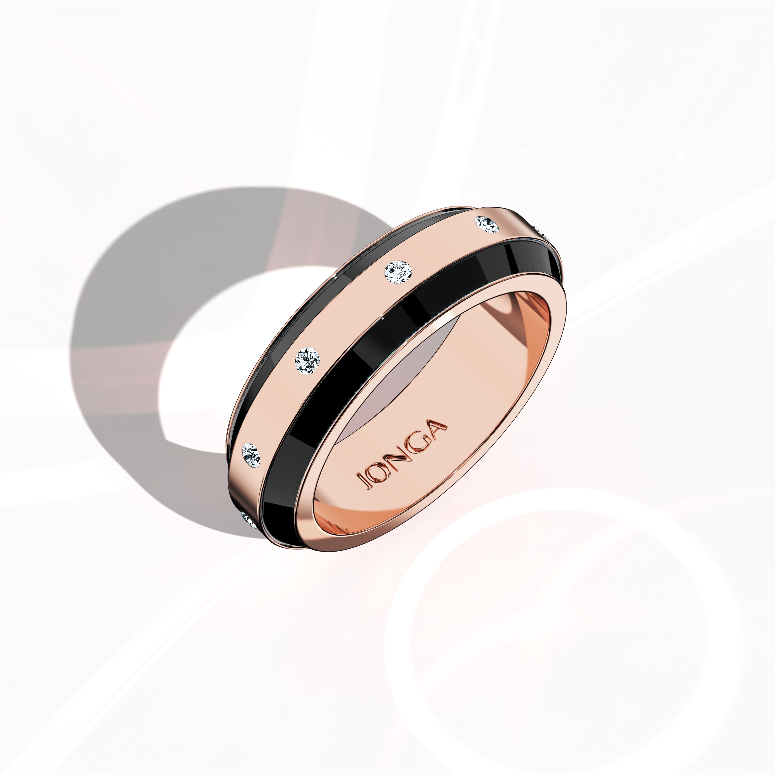 Rendered in sumptuous rose gold paired with rich black enamel, this nine‐diamond ring offers a glossy finish and a striking centerline of diamonds (up to 0.30 carats). Referred to as “Luminous Legacy,” “Vintage Elegance,” and “Gilded Grace,” its design reflects contemporary artistry with classic refinement. Captured in a standing front top side view, the image showcases intricate detailing and keywords: luxury, designer, handcrafted, fine jewelry.