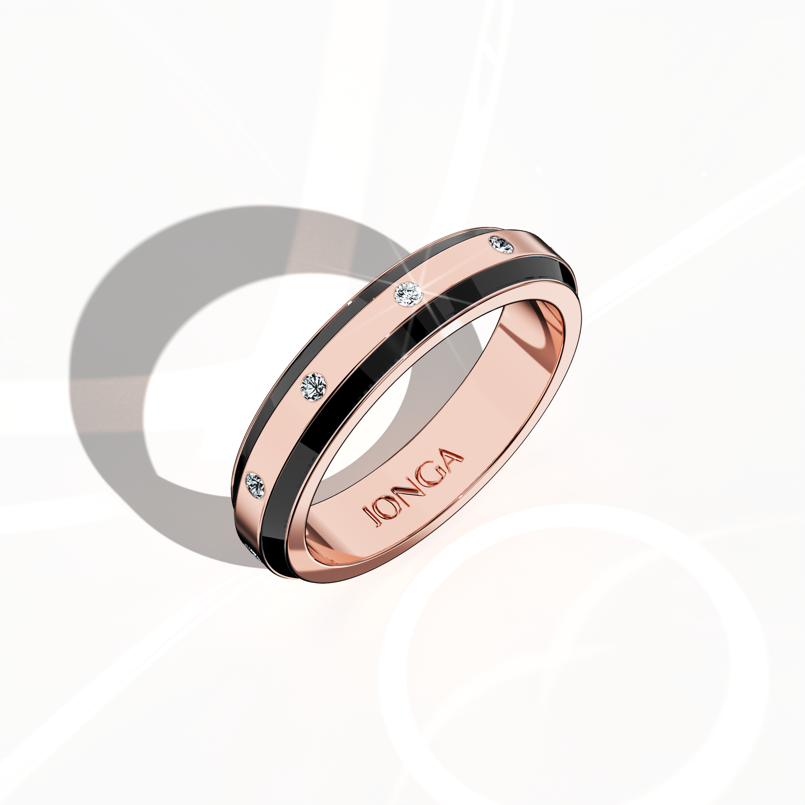 Presented in a standing front top side view, this refined nine diamond enamel ring in rose gold with an intense black enamel finish showcases impeccable craftsmanship and modern artistry. Its sleek band, featuring a center row of nine luminous diamonds totaling up to 0.10 carat, is polished to a brilliant gloss that highlights the contrast between warm rose tones and deep black. Celebrated as Elegant Fusion, Modern Radiance, Timeless Chic, Luxe Harmony, Classic Splendor, and Contemporary Brilliance.