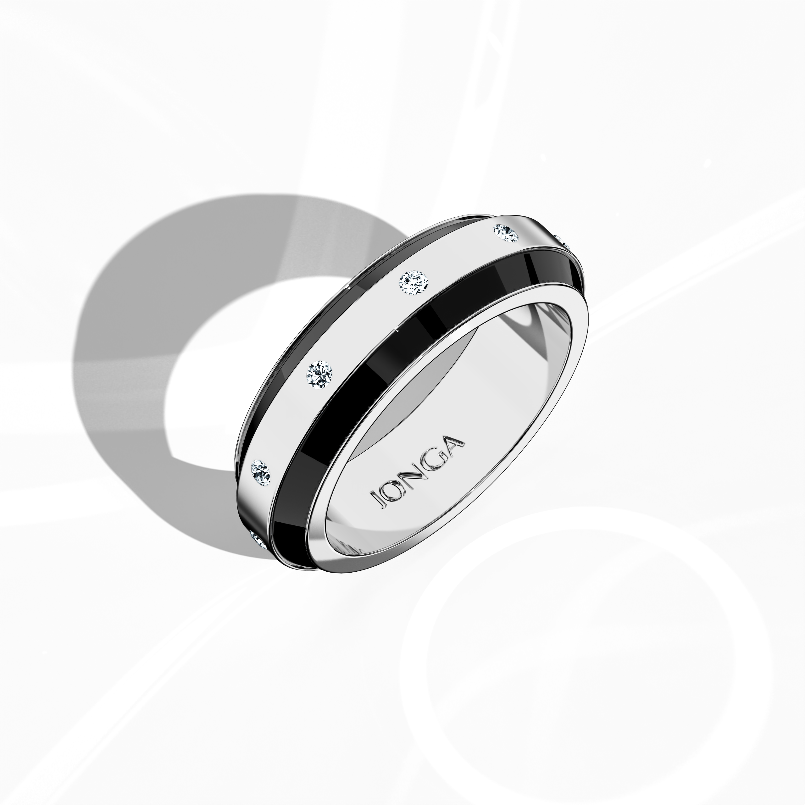 Elegantly rendered in white gold with contrasting black enamel, this nine‐diamond ring displays a glossy finish and a delicate centerline of shimmering diamonds (up to 0.20 carats). Referred to as “Diamond Serenity,” “Celestial Harmony,” and “nine Star,” its design exudes modern sophistication and timeless allure. Captured in a standing front top side view, the image reveals refined artistry, intricate detailing, and keywords: luxury, handcrafted, designer, fine jewelry.