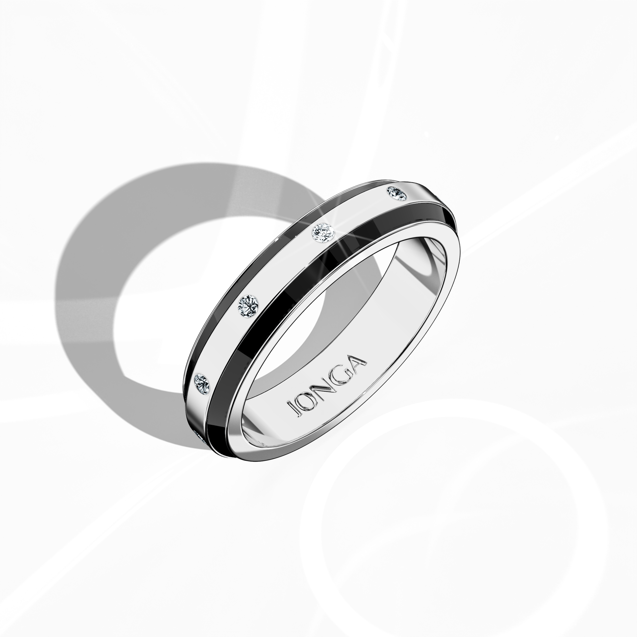 Presented in a standing front top side view, this refined nine diamond enamel ring in brilliant white gold with bold black enamel showcases impeccable craftsmanship. The sleek band, adorned with a center line of nine sparkling diamonds totaling up to 0.10 carat, is highlighted by a glossy finish that enhances its modern design. Recognized as Elegant Fusion, Modern Radiance, Timeless Chic, Luxe Harmony, Classic Splendor, and Contemporary Brilliance, this piece exudes timeless elegance. 
