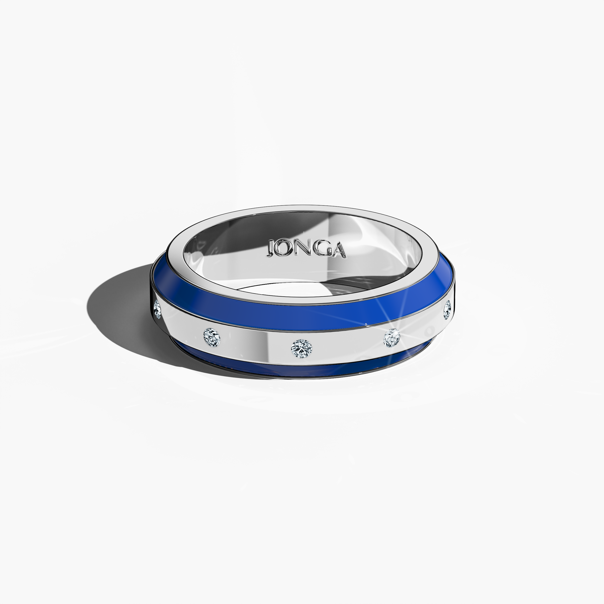 Beautifully rendered in white gold with a radiant blue enamel setting, this nine‐diamond ring showcases a glossy finish and a precise centerline of brilliant diamonds (up to 0.30 carats). Also known as “Celestial Harmony,” “Enamel Enchantment,” and “Nine Star,” its refined design fuses contemporary style with classic allure. Captured from a sleeping front top view, the image emphasizes exquisite detailing, refined finish, and keywords: luxury, designer, fine jewelry, artisanal.
