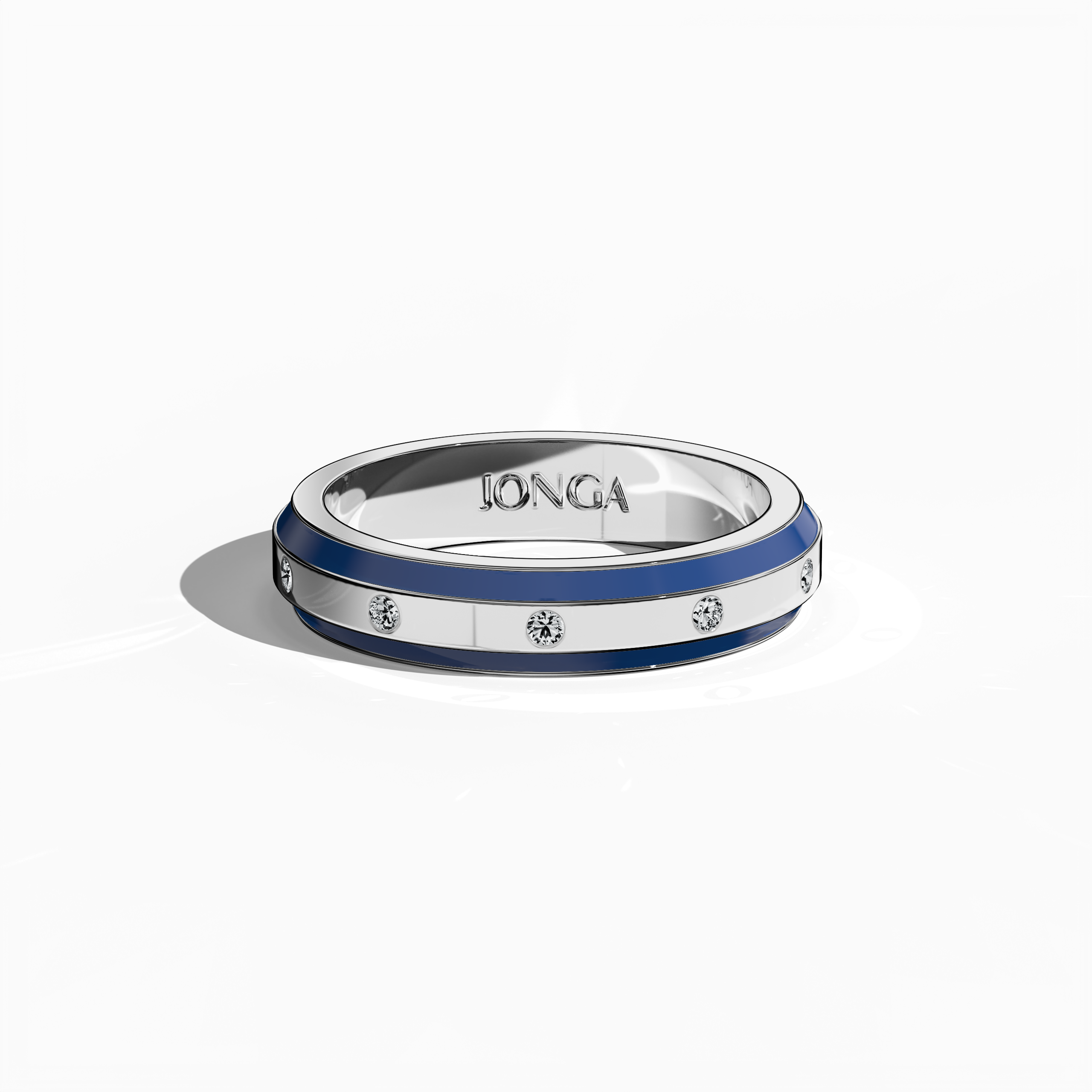 Shown from a sleeping front top angle, this stunning nine diamond enamel ring in radiant white gold with vivid blue enamel offers a harmonious blend of classic sophistication and contemporary style. Its sleek band, featuring nine brilliant diamonds (up to 0.10 carat total) along the center line, is accentuated by a glossy finish that highlights the vibrant blue. Known as Elegant Fusion, Modern Radiance, Timeless Chic, Luxe Harmony, Classic Splendor, and Contemporary Brilliance, the design radiates glamour.