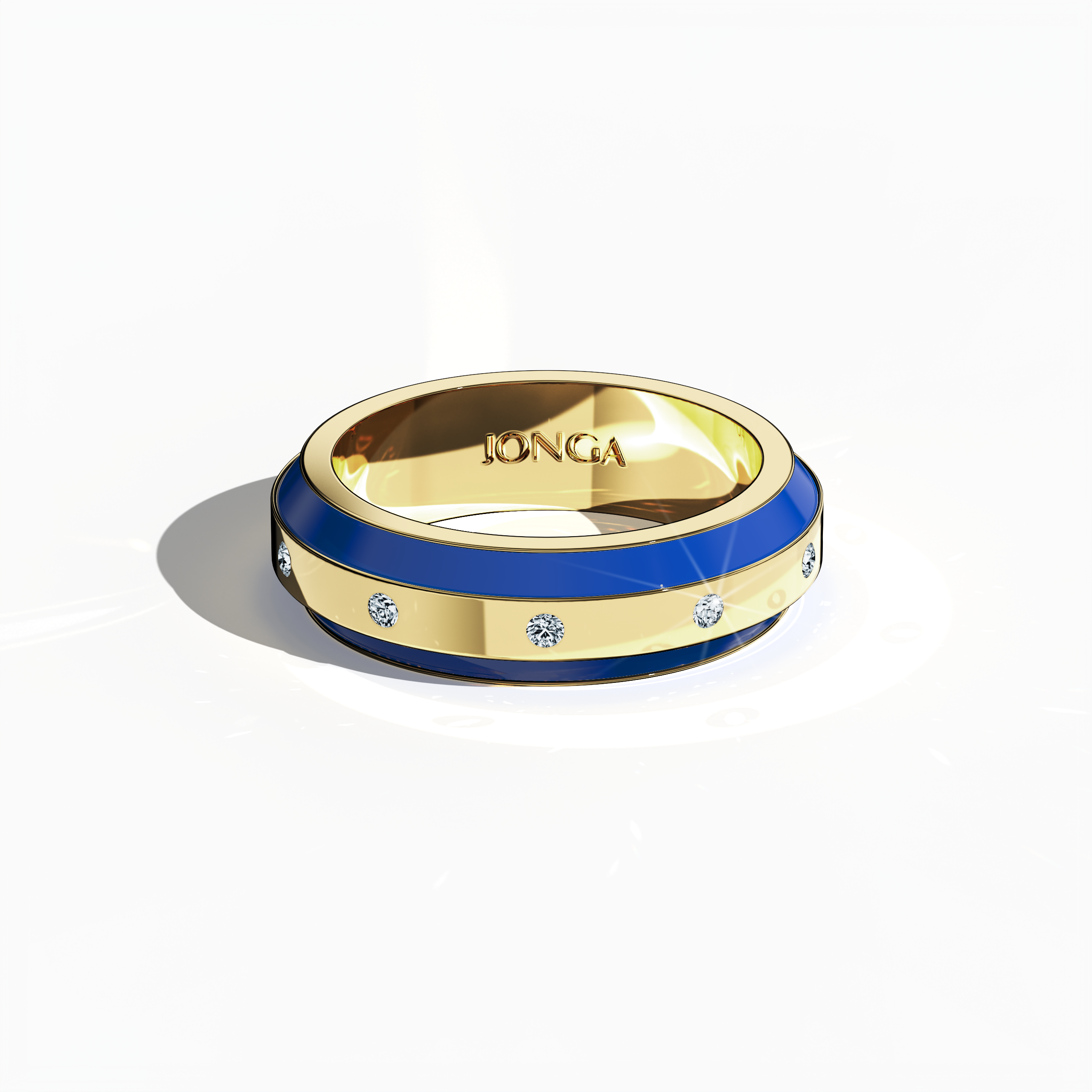 Strikingly designed in yellow gold with vibrant blue enamel, this nine‐diamond ring features a glossy finish and a centerline of dazzling diamonds (up to 0.30 carats). Also known as “Radiant Curve,” “Golden Allure,” and “Timeless Chic,” its design marries contemporary flair with classic sophistication. Captured from a sleeping front view, the image reveals meticulous detailing, luxurious polish, and keywords: luxury, designer, handcrafted, fine jewelry.