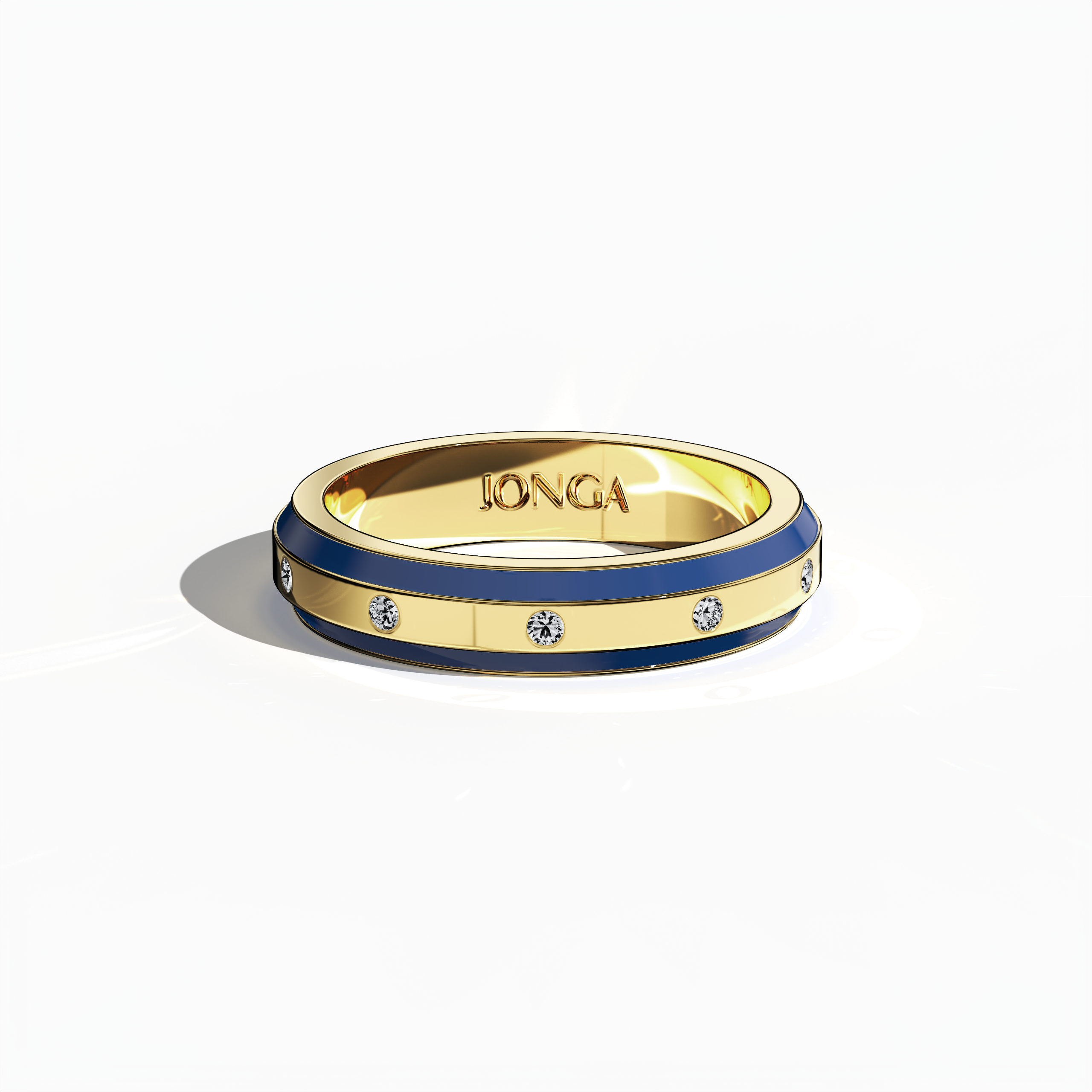 Viewed from a sleeping front top angle, this nine diamond enamel ring in yellow gold with striking blue enamel exhibits a refined band with nine expertly arranged diamonds (up to 0.10 carat). Its glossy blue finish and meticulous craftsmanship merge modern design with lavish luxury. Known as Elegant Fusion, Modern Radiance, Timeless Chic, Luxe Harmony, Classic Splendor, and Contemporary Brilliance—and echoing gold names aurum and oro—this piece exudes stylish precision. Keywords: refined, bold, modern.
