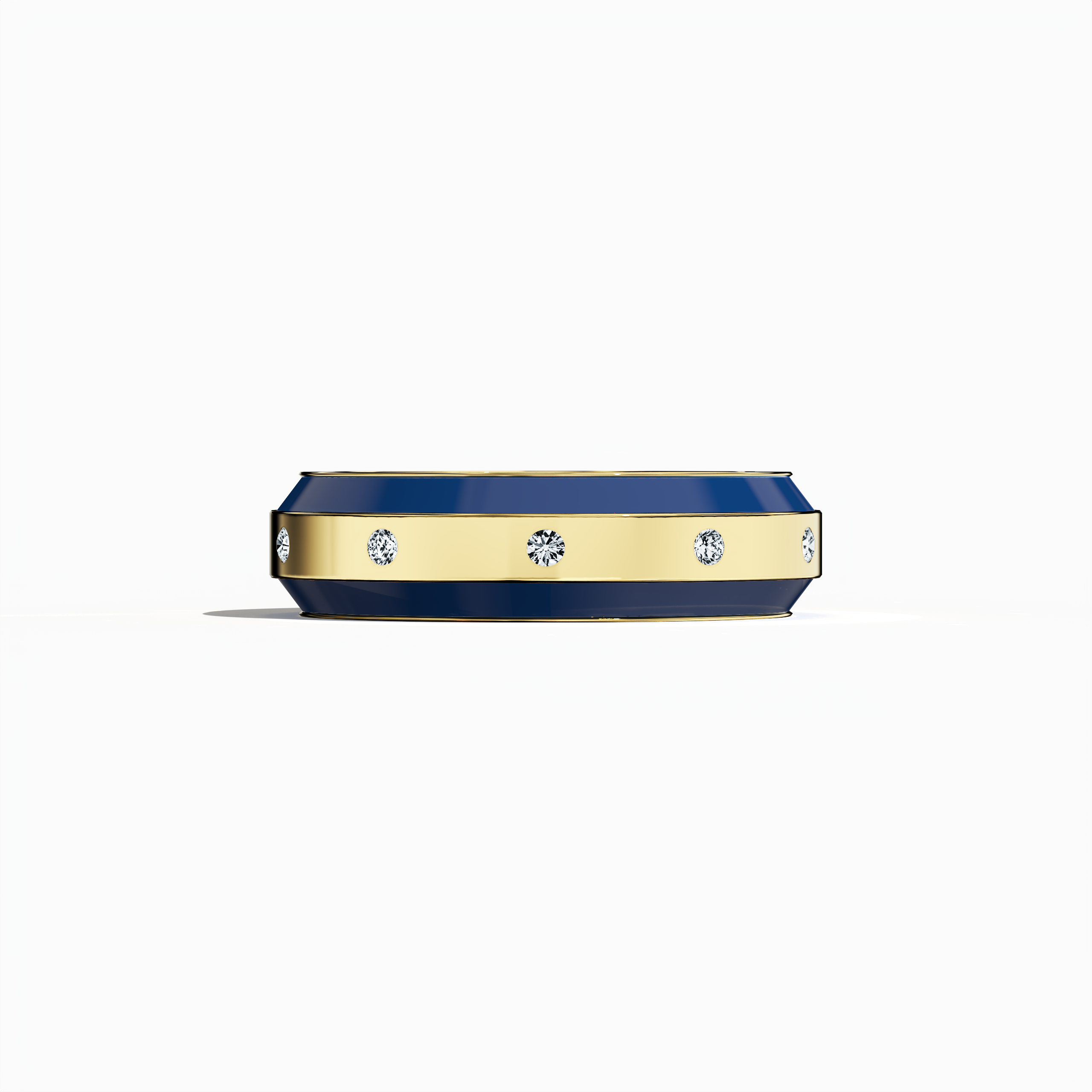 Showcased in a standing front top side view, this yellow gold nine diamond side step enamel ring presents a dynamic silhouette with nine evenly spaced diamonds (0.30 carats) and a contrasting blue glossy enamel finish. Referred to as “Timeless Radiance,” “Celestial Emblem,” and “Eternal Sparkle,” and marked by alternative yellow gold nomenclatures, it embodies sophisticated luxury and contemporary elegance. Keywords: chic, refined, artistic, modern, high-end.