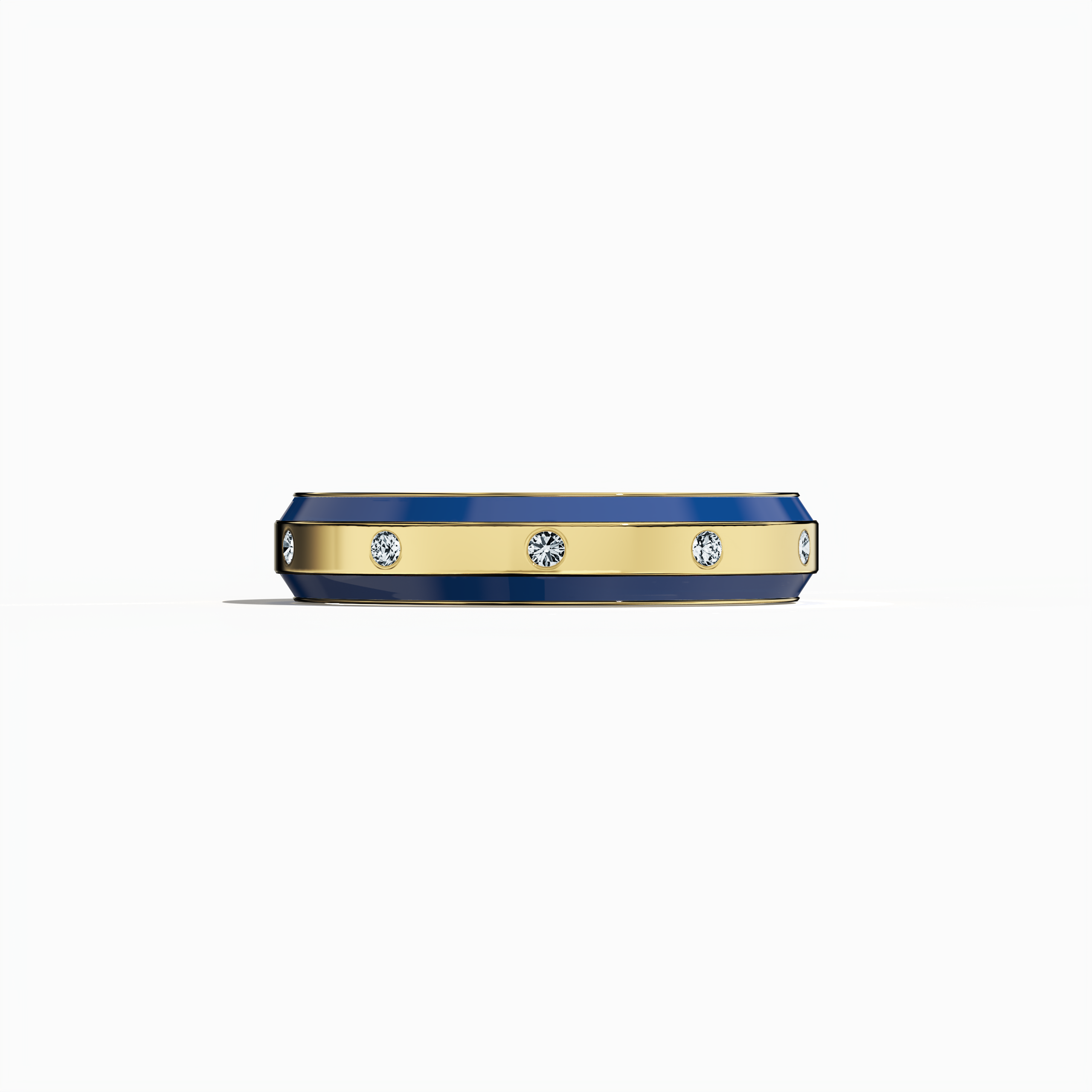 From a calm sleeping front view, this nine diamond enamel ring in yellow gold with vivid blue enamel presents a dynamic band featuring nine precision-set diamonds (up to 0.10 carat). Its glossy blue finish and masterful craftsmanship reflect contemporary artistry and opulent luxury. Celebrated as Elegant Fusion, Modern Radiance, Timeless Chic, Luxe Harmony, Classic Splendor, and Contemporary Brilliance—and aligned with gold terms aurum and oro—this design radiates bold refinement. Keywords: vibrant, modern.