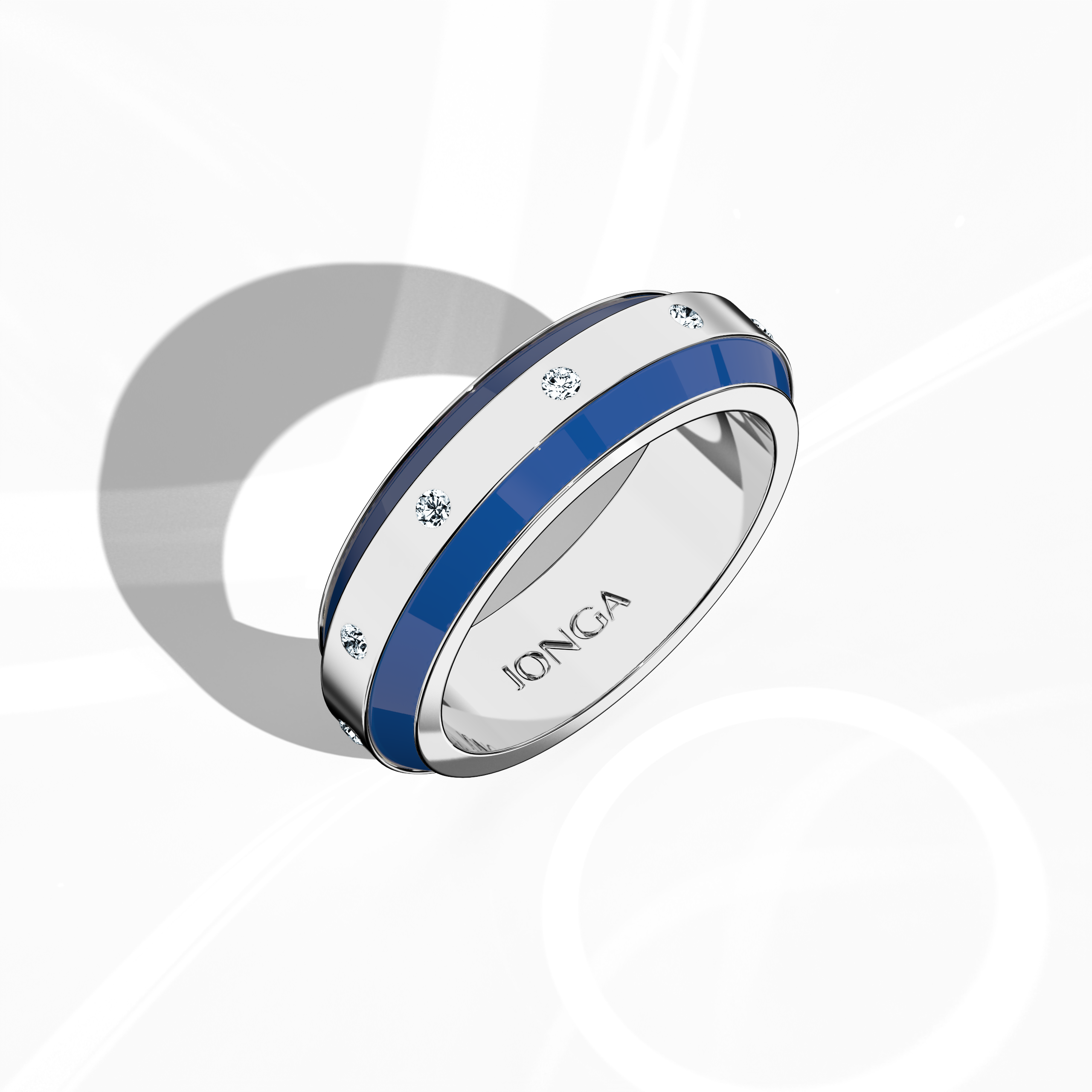 Striking in white gold with dynamic blue enamel, this nine‐diamond ring exhibits a glossy finish and a centerline of stunning diamonds (up to 0.30 carats). Termed “Enamel Enchantment,” “Celestial Harmony,” and “Nine Star,” its design radiates modern sophistication and enduring charm. Captured in a standing front top side view, the image reveals meticulous detailing, luxurious artistry, and keywords: luxury, handcrafted, designer, fine jewelry.