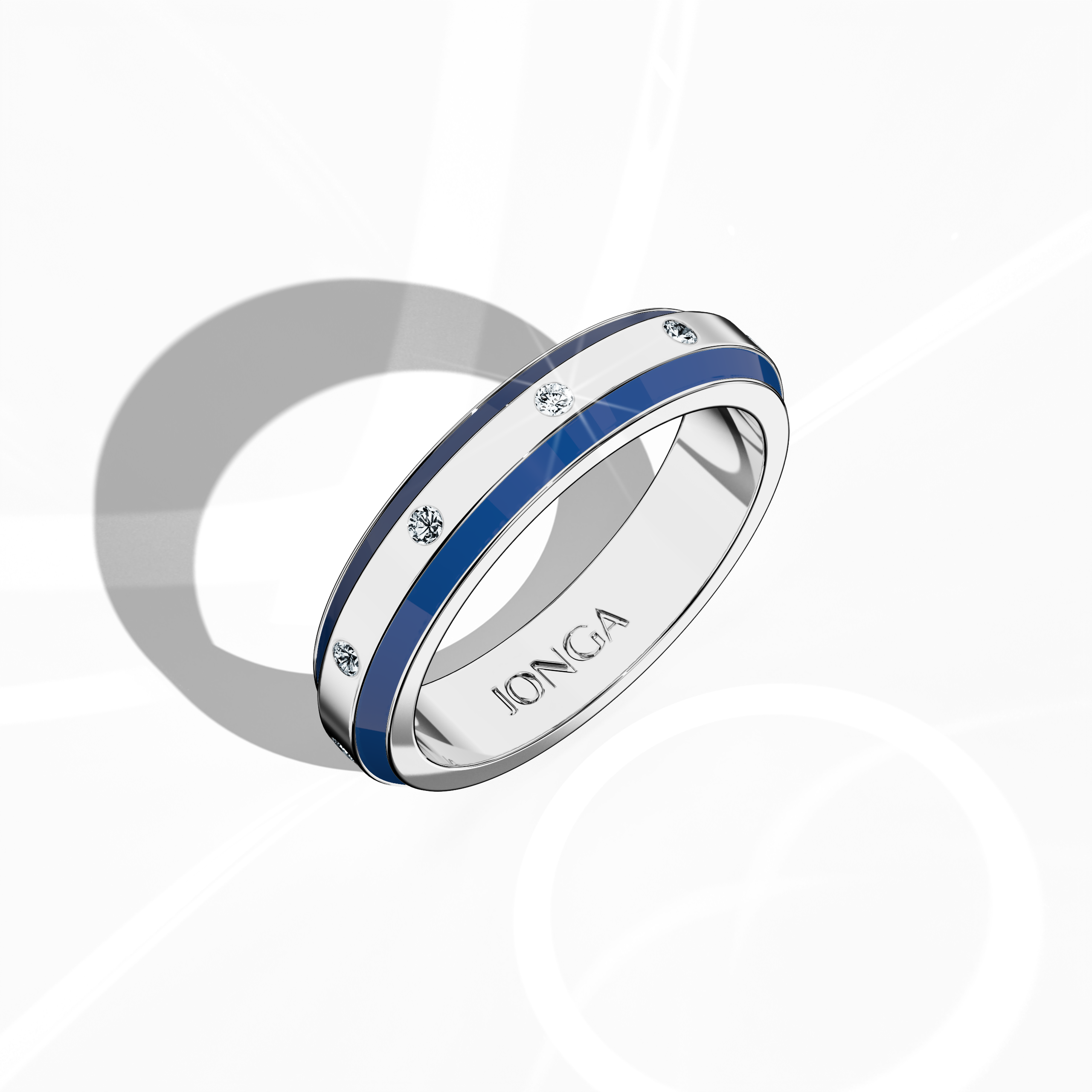 Displayed in a standing front top side view, this remarkable nine diamond enamel ring in white gold with a striking blue enamel finish merges modern flair with timeless elegance. The band, lined with nine carefully set diamonds totaling up to 0.10 carat, is enhanced by a high-gloss enamel polish that emphasizes the dynamic blue hue. Under design names Elegant Fusion, Modern Radiance, Timeless Chic, Luxe Harmony, Classic Splendor, and Contemporary Brilliance, the ring exudes sophisticated luxury.