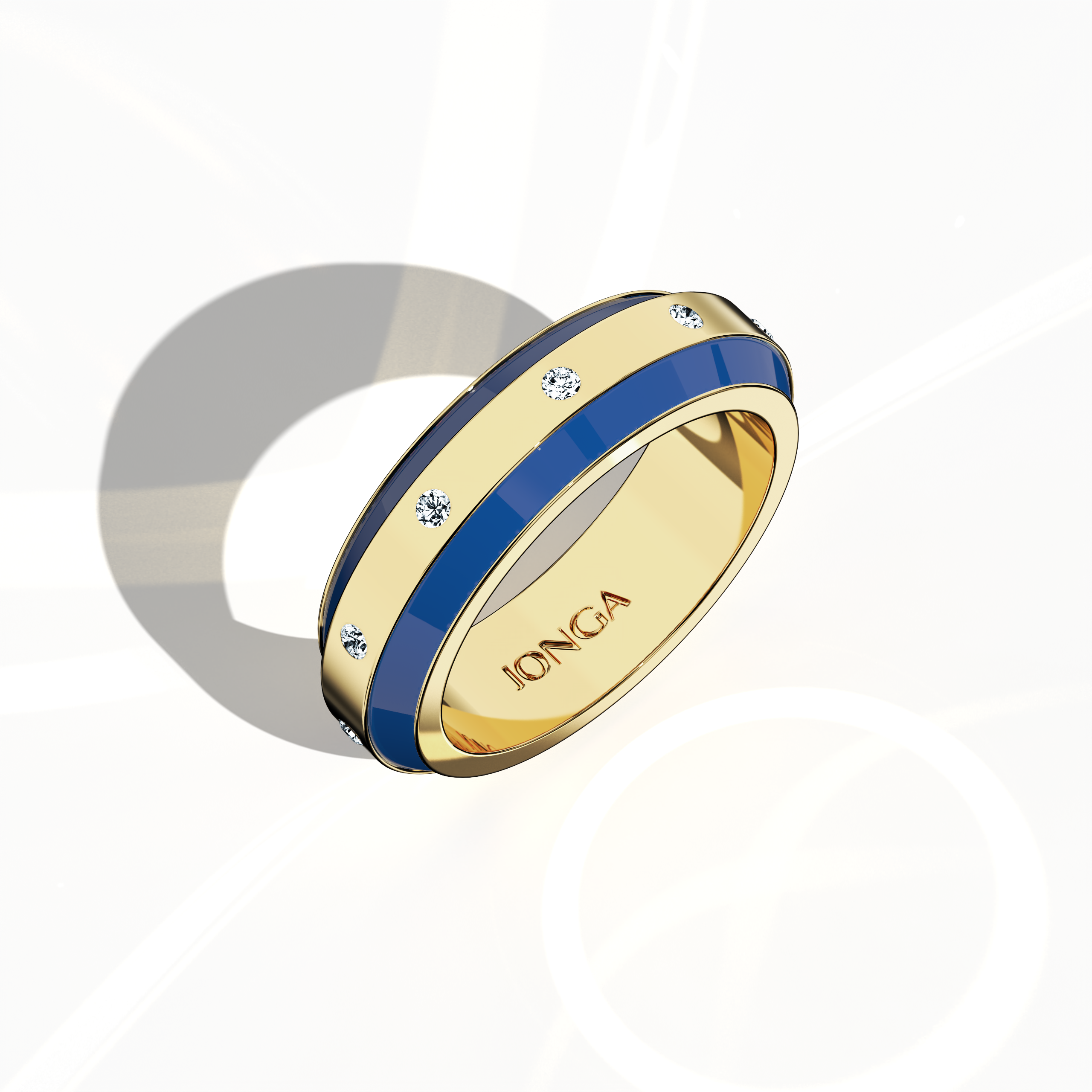 Rendered in yellow gold with dynamic blue enamel, this nine‐diamond ring offers a glossy finish and a striking centerline of luminous diamonds (up to 0.30 carats). Known as “Timeless Chic,” “Golden Allure,” and “Radiant Curve,” its design reflects contemporary sophistication and classic beauty. Captured in a standing front top side view, the image showcases refined detailing and keywords: luxury, designer, handcrafted, fine jewelry.