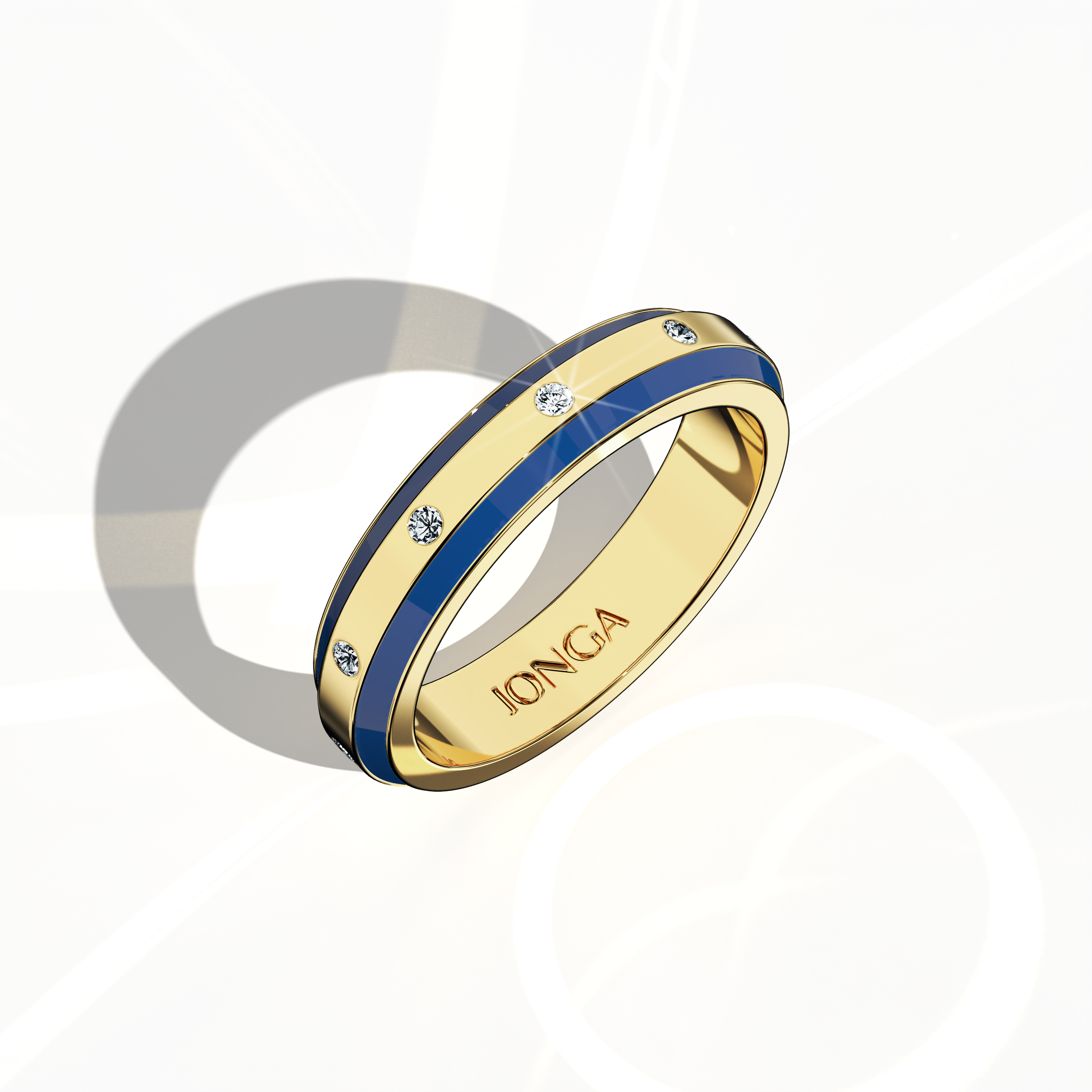 From a standing front top side view, this nine diamond enamel ring in yellow gold with bold blue enamel reveals a streamlined band adorned with nine carefully set diamonds (up to 0.10 carat). The high-gloss blue enamel and skilled craftsmanship blend modern aesthetics with classic luxury. Branded as Elegant Fusion, Modern Radiance, Timeless Chic, Luxe Harmony, Classic Splendor, and Contemporary Brilliance—and using gold terms aurum and oro—this ring radiates refined artistry. Keywords: sleek, vibrant, chic.