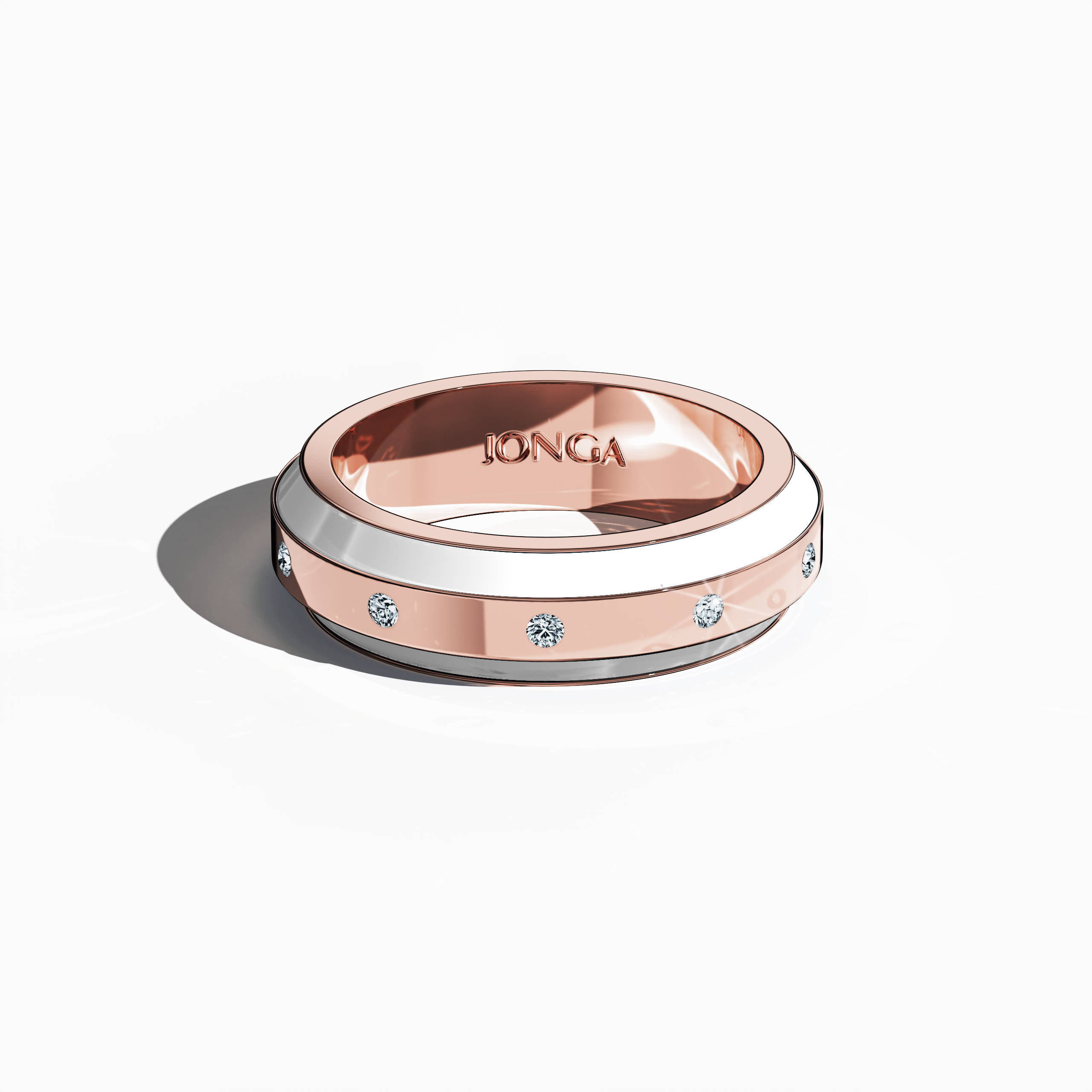 Masterfully crafted in rose gold with elegant white enamel, this nine‐diamond ring features a glossy finish and a precise centerline of brilliant diamonds (up to 0.30 carats). Known as “Vintage Elegance,” “Enamel Enchantment,” and “Luminous Legacy,” its design exudes contemporary style and timeless sophistication. Captured from a sleeping front top view, the image emphasizes intricate detailing, refined finish, and keywords: luxury, designer, handcrafted, fine jewelry.