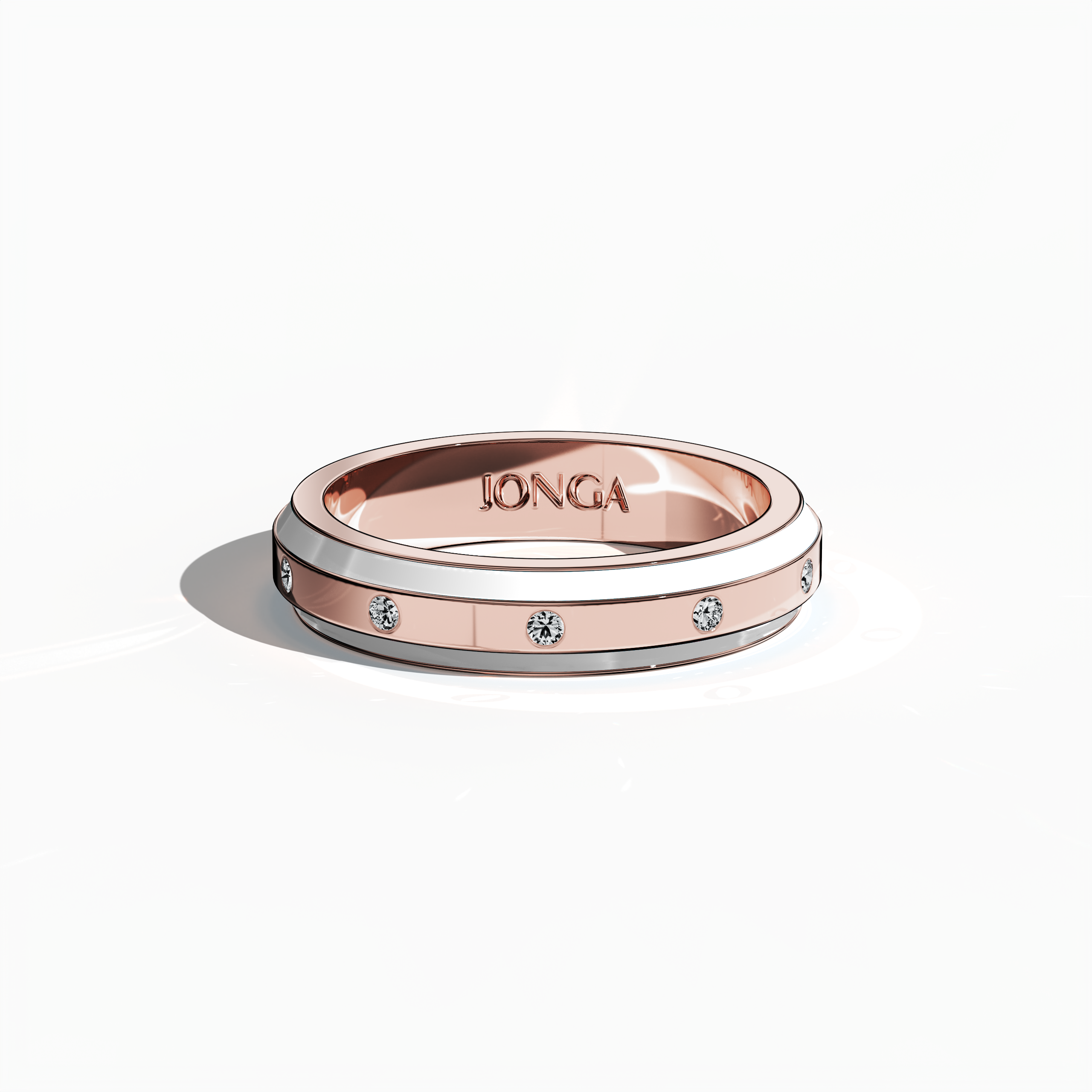 Viewed from a sleeping front top angle, this refined nine diamond enamel ring in warm rose gold with luminous white enamel highlights a seamless blend of classic sophistication and modern design. Its sleek band, adorned with nine elegant diamonds (up to 0.10 carat total) along a precise center line, is polished with a high-gloss enamel finish that enhances every contour. Under design names Elegant Fusion, Modern Radiance, Timeless Chic, Luxe Harmony, Classic Splendor, and Contemporary Brilliance.