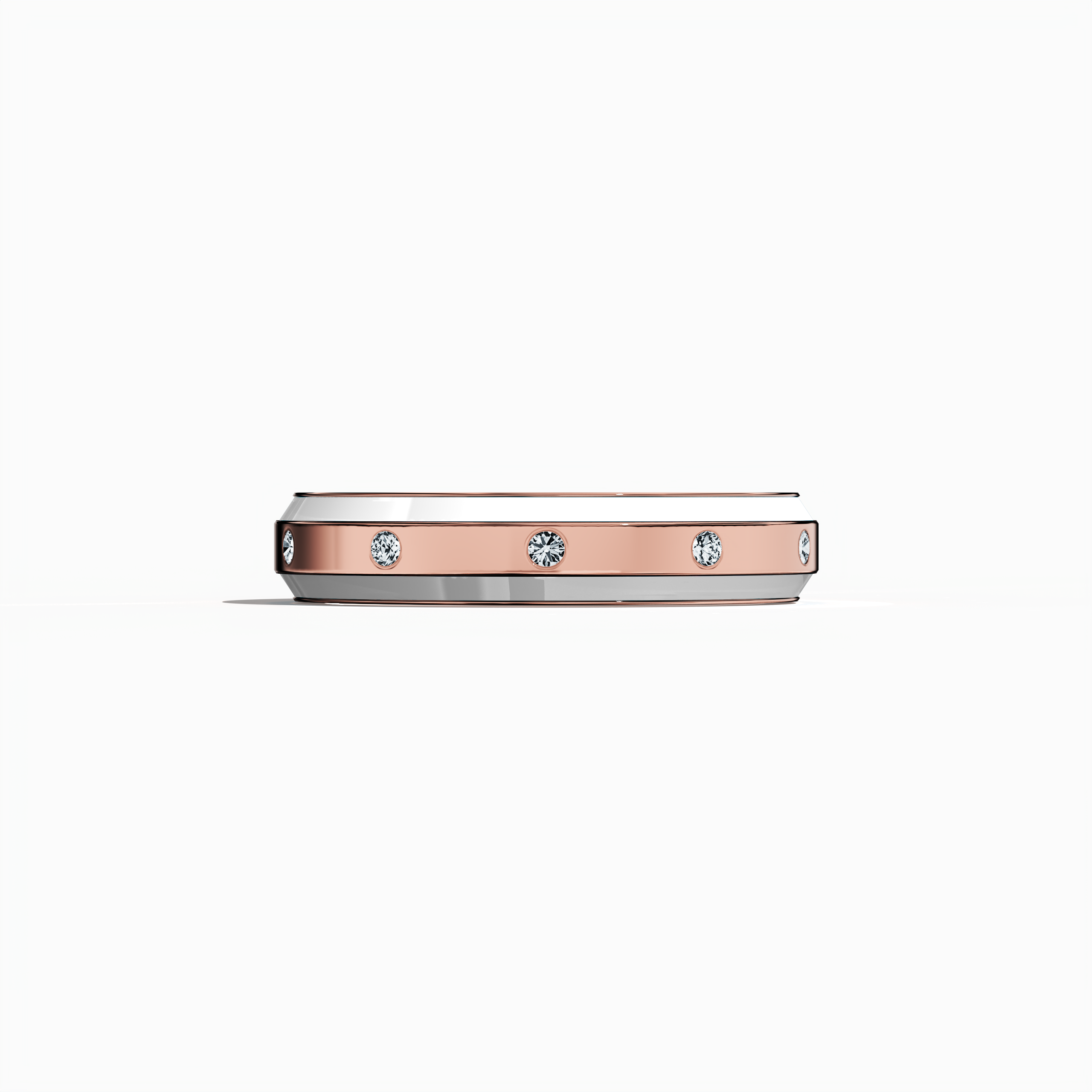Captured from a serene sleeping front view, this exquisite nine diamond enamel ring in radiant rose gold with pristine white enamel exudes understated elegance and warmth. The band, gracefully featuring a centered line of nine shimmering diamonds totaling up to 0.105 carat, is finished in a glossy white enamel that accentuates its delicate detailing. Flaunted as Elegant Fusion, Modern Radiance, Timeless Chic, Luxe Harmony, Classic Splendor, and Contemporary Brilliance, the design reflects refined charm.