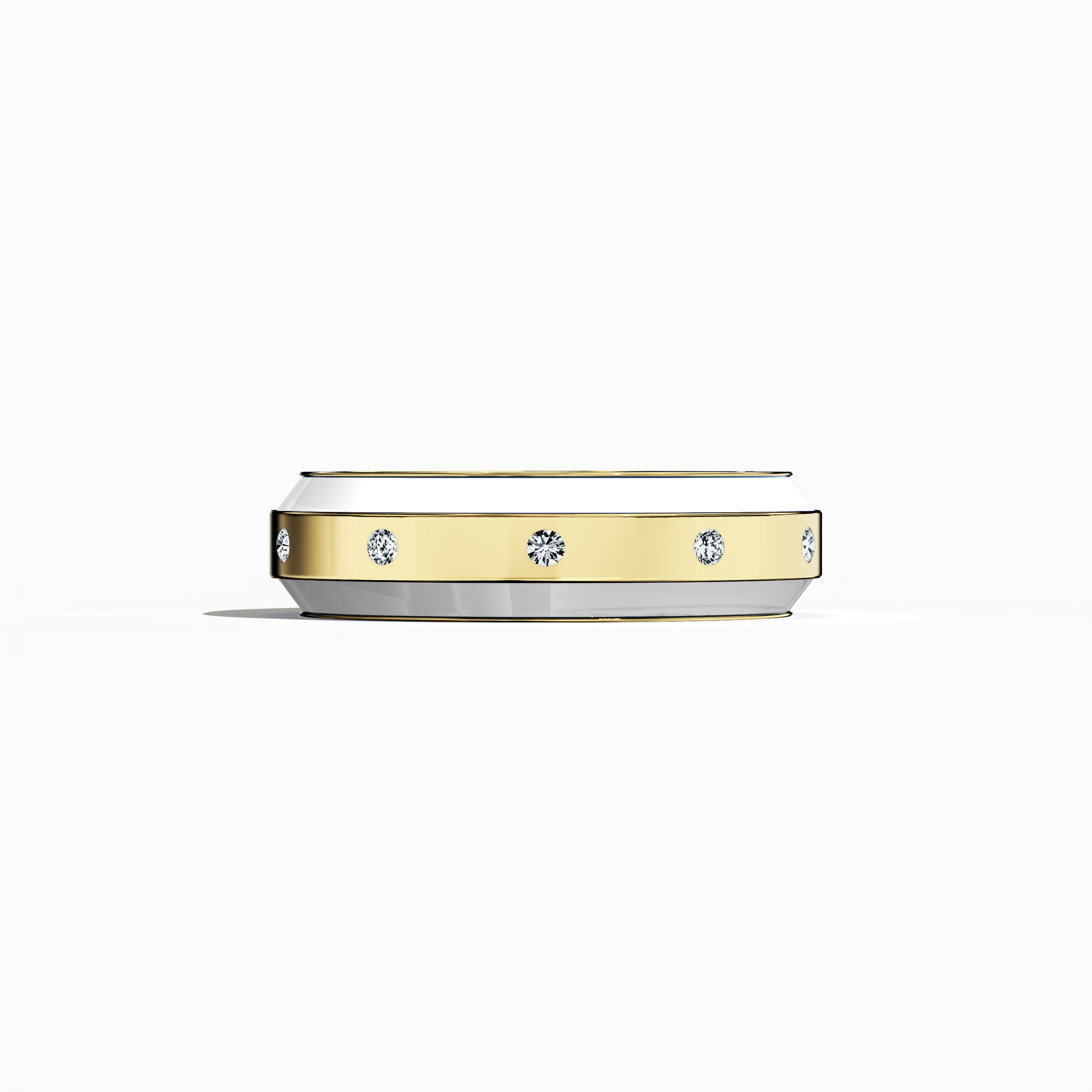 Beautifully crafted in yellow gold with pristine white enamel, this nine‐diamond ring boasts a glossy finish and a centerline of sparkling diamonds (up to 0.30 carats). Also known as “Golden Allure,” “Radiant Curve,” and “Timeless Chic,” its design fuses contemporary artistry with classic elegance. Captured from a sleeping front view, the image reveals intricate detailing, luxurious polish, and keywords: luxury, designer, handcrafted, fine jewelry.