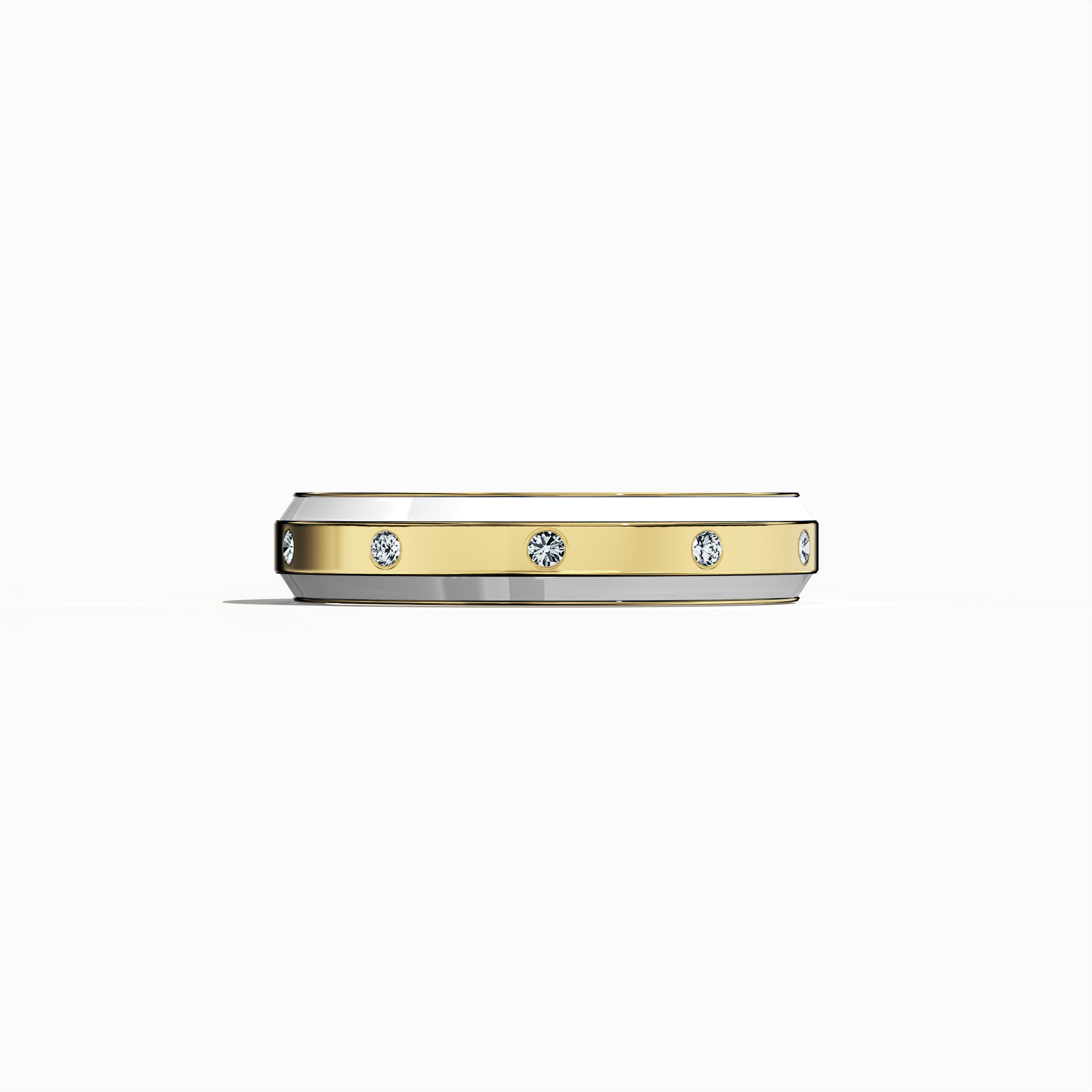 From a soft sleeping front view, this nine diamond enamel ring in yellow gold with white enamel displays a sleek band with nine set diamonds (up to 0.09 carat). Its glossy finish and expert craftsmanship showcase modern artistry and luxury. Known as Elegant Fusion, Modern Radiance, Timeless Chic, Luxe Harmony, Classic Splendor, and Contemporary Brilliance—and using gold terms like aurum and oro—this design exudes refined precision. Keywords: luxury, art, chic.