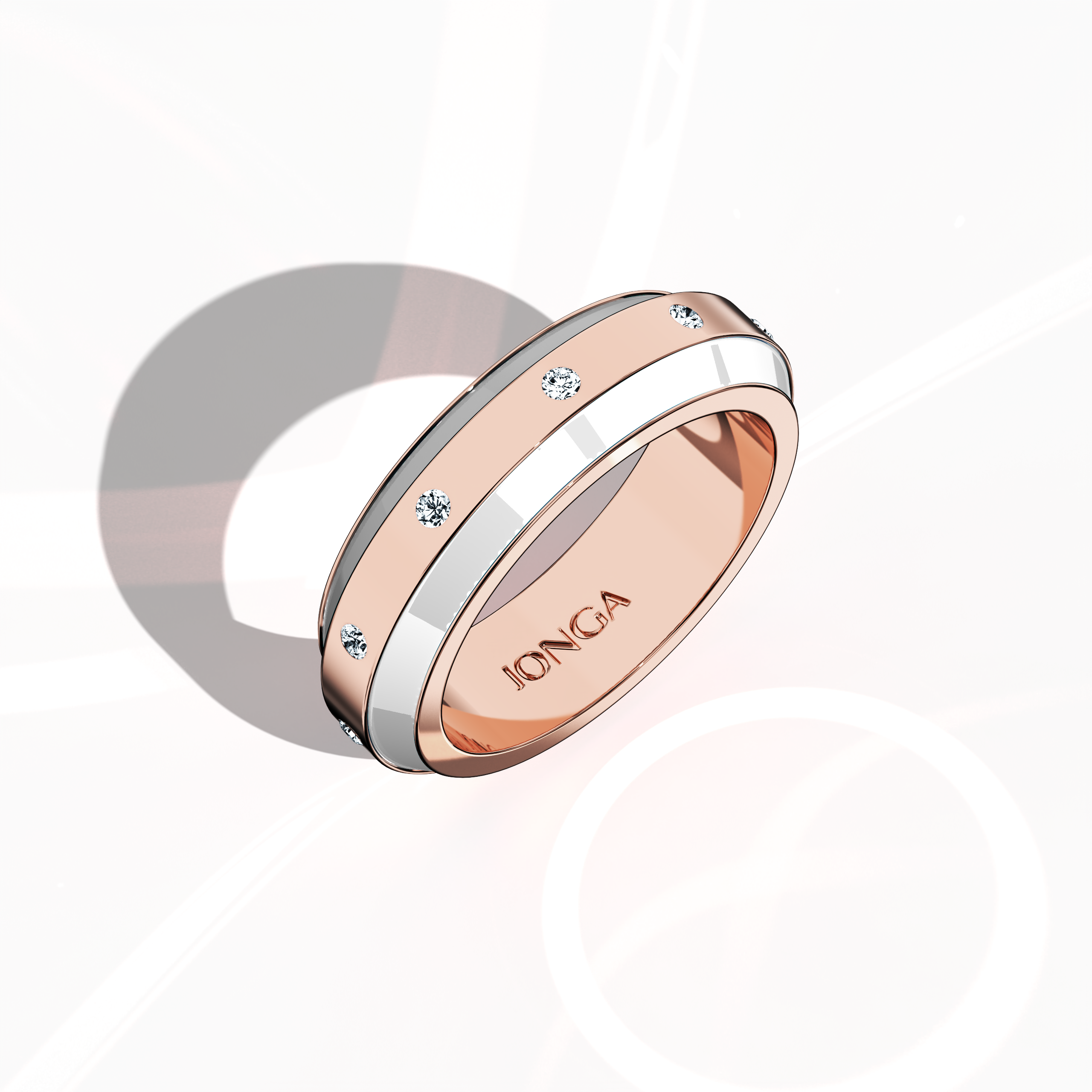 Striking in rose gold with smooth white enamel, this nine‐diamond ring exhibits a glossy finish and a centerline of dazzling diamonds (up to 0.30 carats). Referred to as “Luminous Legacy,” “Vintage Elegance,” and “Enamel Enchantment,” its design radiates modern elegance and classic charm. Captured in a standing front top side view, the image emphasizes refined craftsmanship and keywords: luxury, designer, handcrafted, fine jewelry.