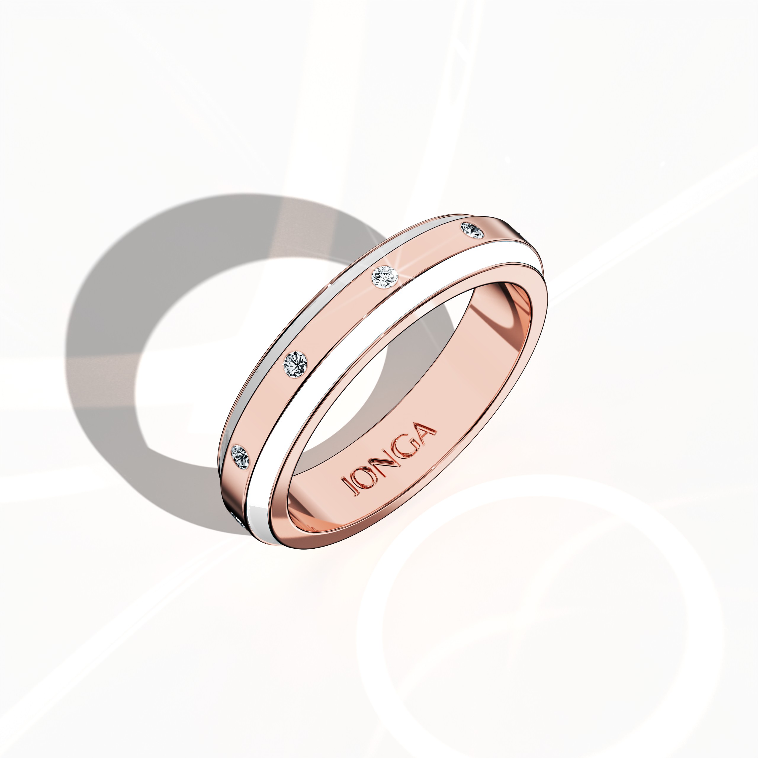 Displayed in a standing front top side view, this sophisticated nine diamond enamel ring in rose gold with a radiant white enamel finish epitomizes refined craftsmanship and timeless elegance. The band, featuring a flawless center line of nine sparkling diamonds totaling up to 0.10 carat, is accentuated by a glossy polish that highlights its intricate detailing. Known as Elegant Fusion, Modern Radiance, Timeless Chic, Luxe Harmony, Classic Splendor, and Contemporary Brilliance.