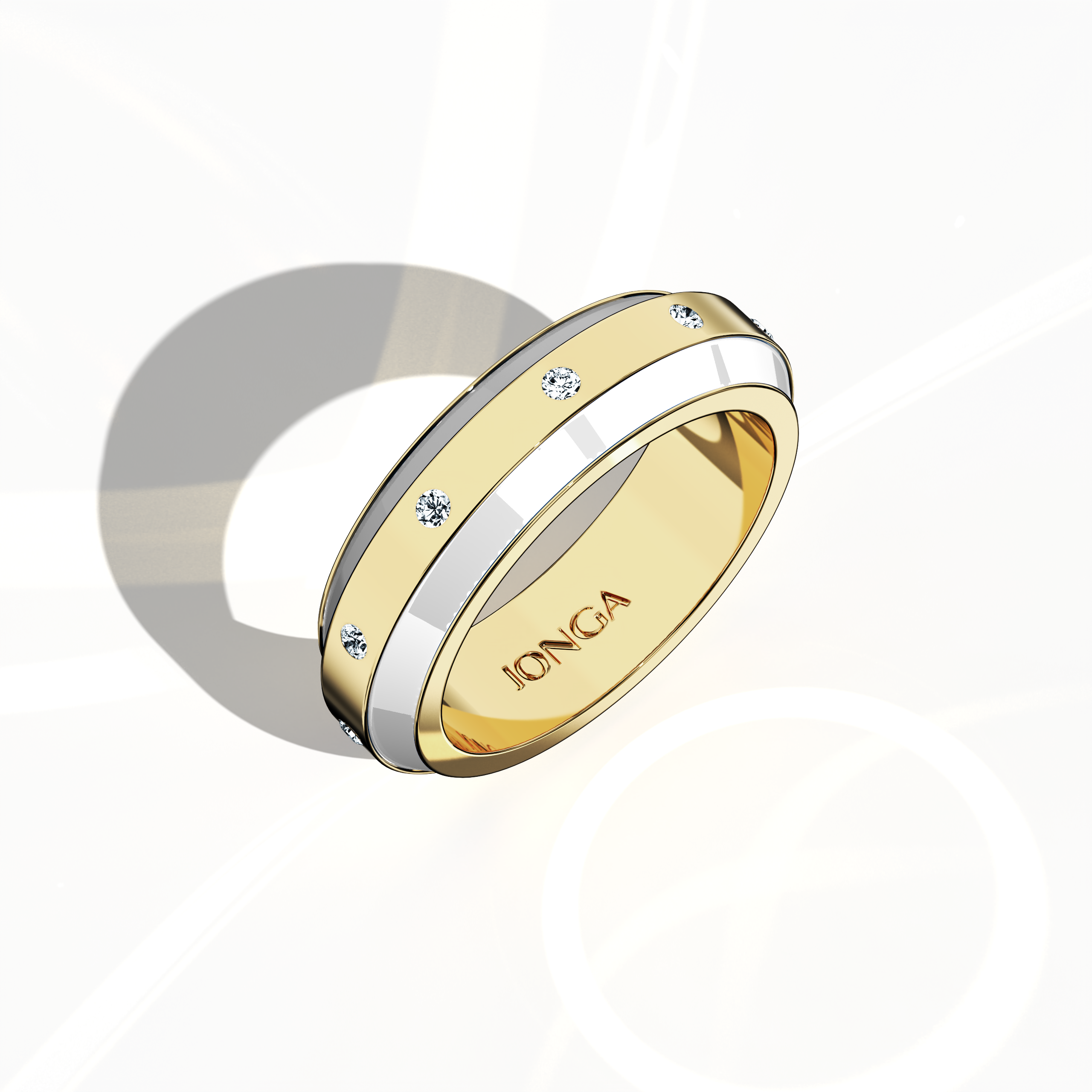 Stunning in yellow gold with a smooth white enamel finish, this nine‐diamond ring displays a glossy surface and a centerline of brilliant diamonds (up to 0.20 carats). Referred to as “Timeless Chic,” “Golden Allure,” and “Radiant Curve,” its design radiates modern elegance and classic refinement. Captured in a standing front top side view, the image highlights intricate detailing and keywords: luxury, designer, handcrafted, fine jewelry.