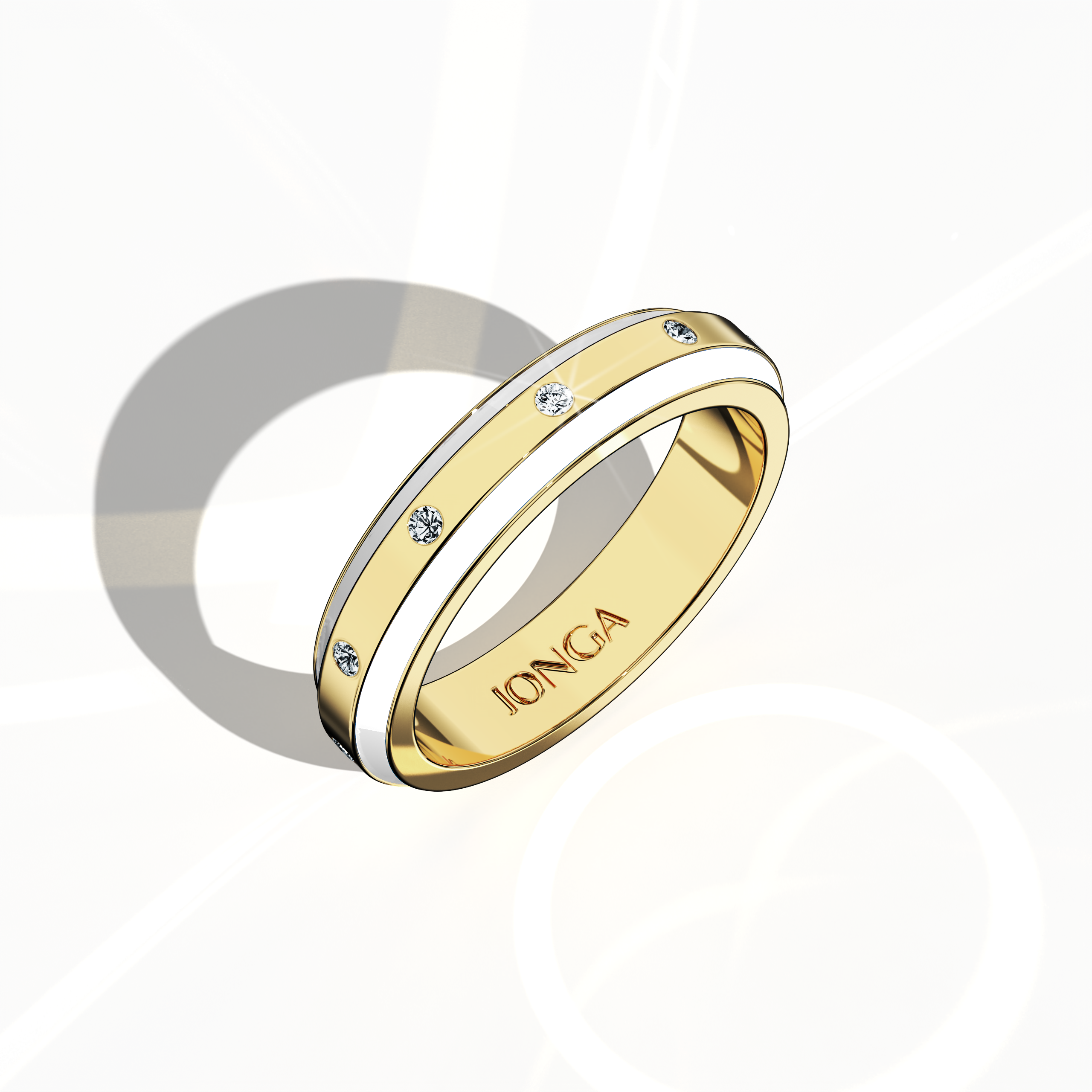 From a standing front top side perspective, this nine diamond enamel ring in yellow gold with white enamel features a streamlined band with nine evenly aligned diamonds (up to 0.09 carat). The high-gloss enamel finish and detailed craftsmanship merge modern design with classic luxury. Recognized as Elegant Fusion, Modern Radiance, Timeless Chic, Luxe Harmony, Classic Splendor, and Contemporary Brilliance—and noted with gold descriptors aurum and oro—this ring exudes artistic precision.