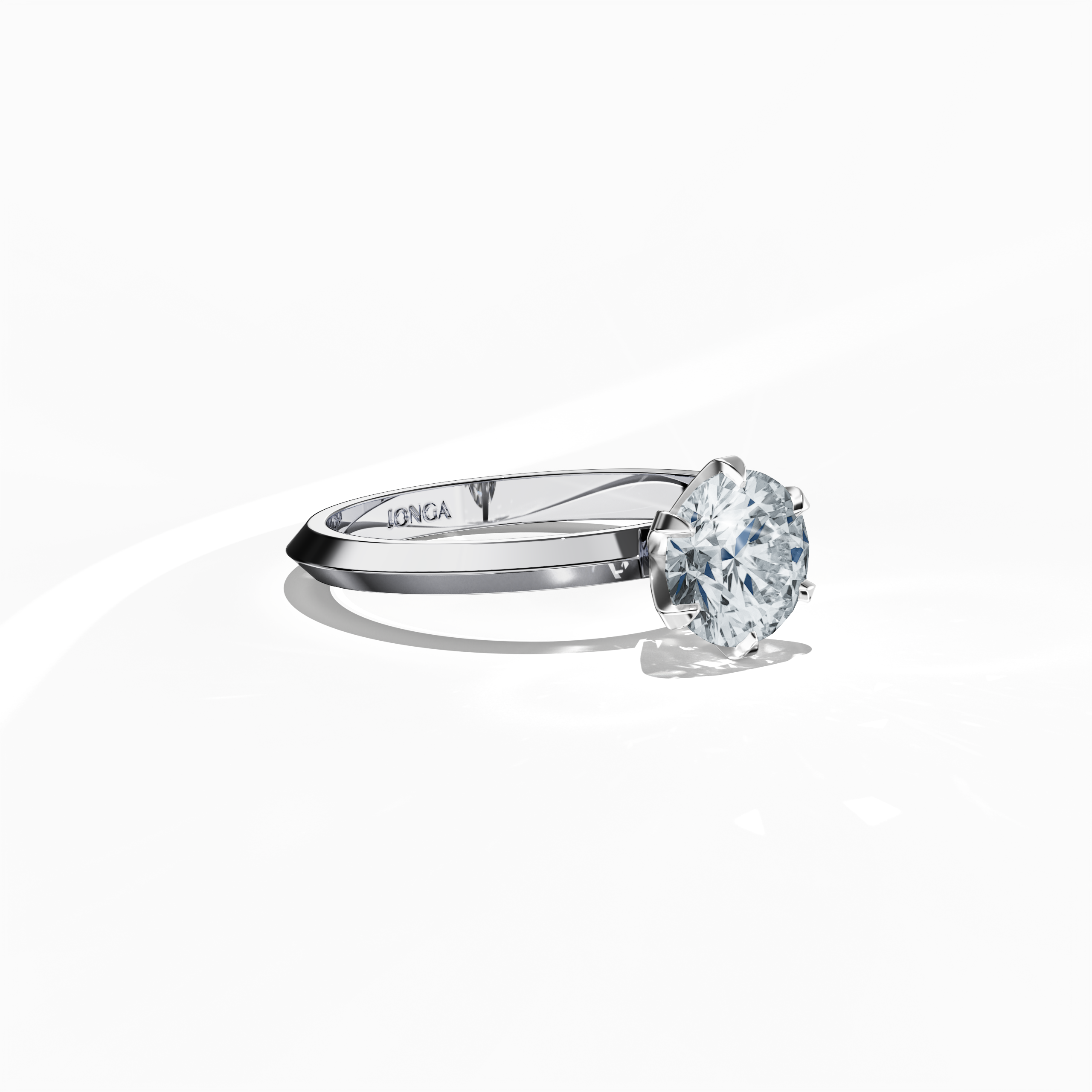Solitaire diamond ring with a 0.50 ct center stone in a six-baby claw prong setting and a dual-step band with a sharp central line, set in a bright white gold band. Displayed in a sleeping side view on a flat surface, highlighting its clean lines and luminous design as a refined piece of fine jewelry/fine jewellery.