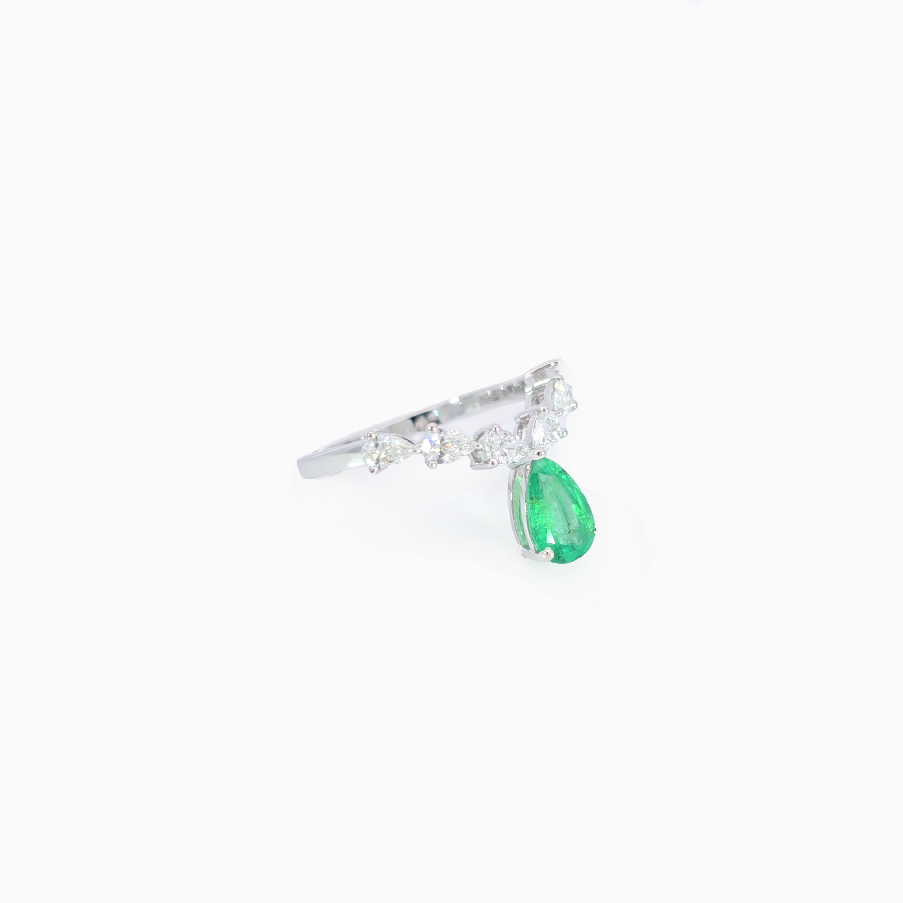Pear Drop Green Emerald Ring with Pear Diamonds in 18k White Gold