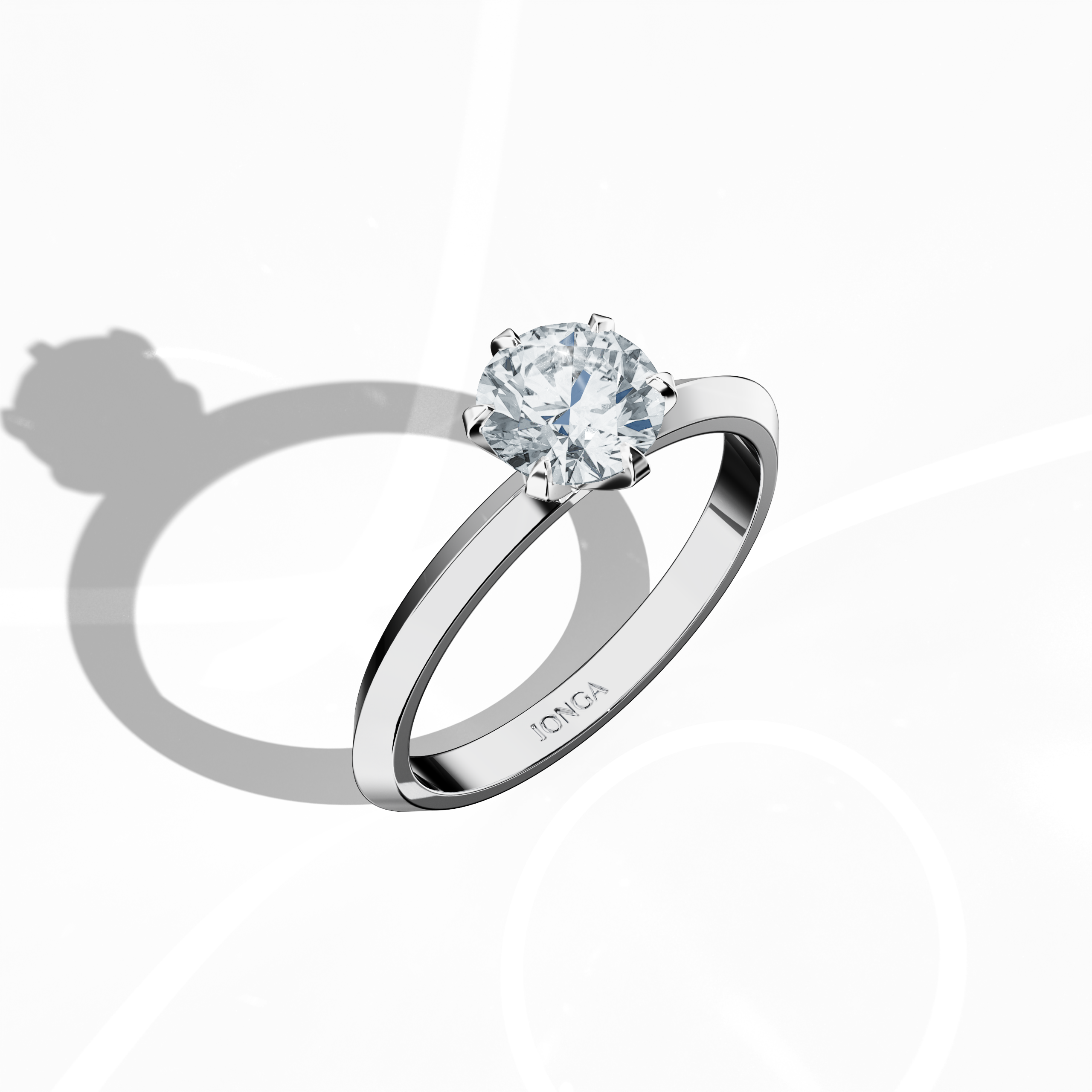 Refined solitaire diamond ring with a 1 carat center diamond in a six-baby claw prong setting and a dual-tier band with a sharp central accent, showcased from a front top side angle. The bright white gold band (silvery finish) enhances its modern, sleek design—a standout fine jewelry/fine jewellery accessory.