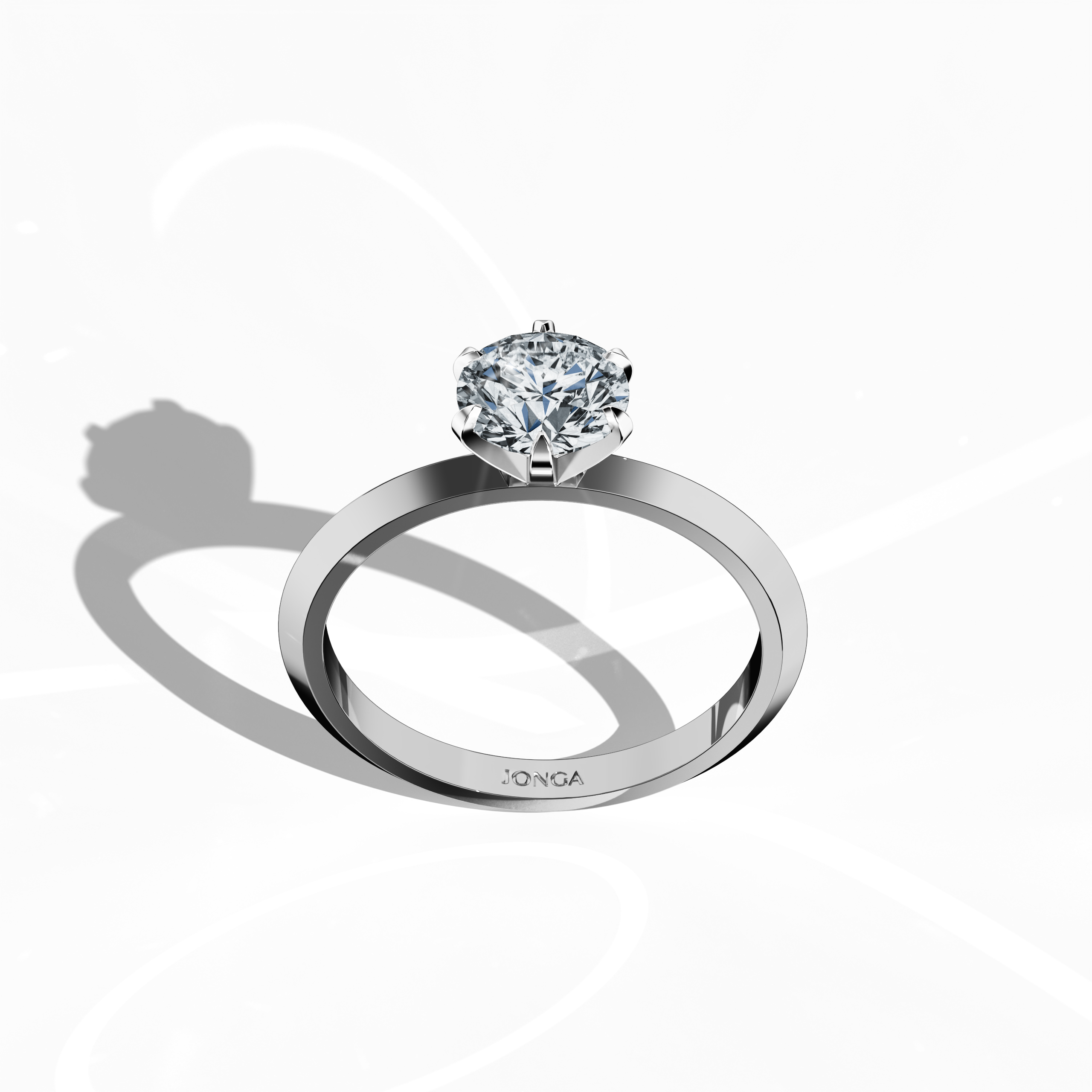 Refined solitaire diamond ring with a 1 carat center diamond in a six-baby claw prong setting and a dual-tier band with a sharp central accent, showcased from a front top angle. The bright white gold band (silvery finish) enhances its modern, sleek design—a standout fine jewelry/fine jewellery accessory.