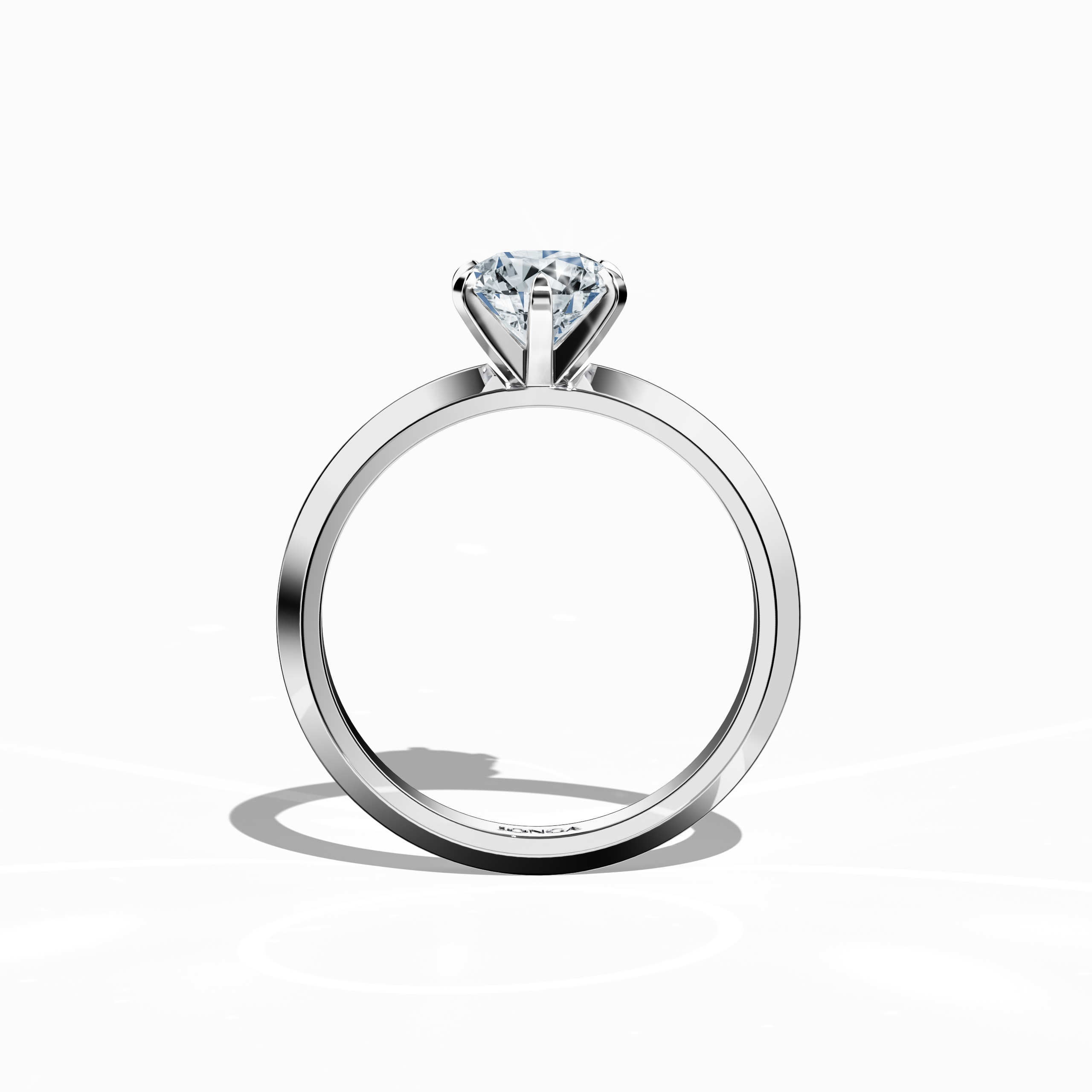 Classic solitaire diamond ring with a 1 carat center stone in a six-baby claw prong setting and a two-step band with a defined central line, presented in a front view. The bright white gold band offers a clean, luminous finish as an elegant fine jewelry/fine jewellery ring.