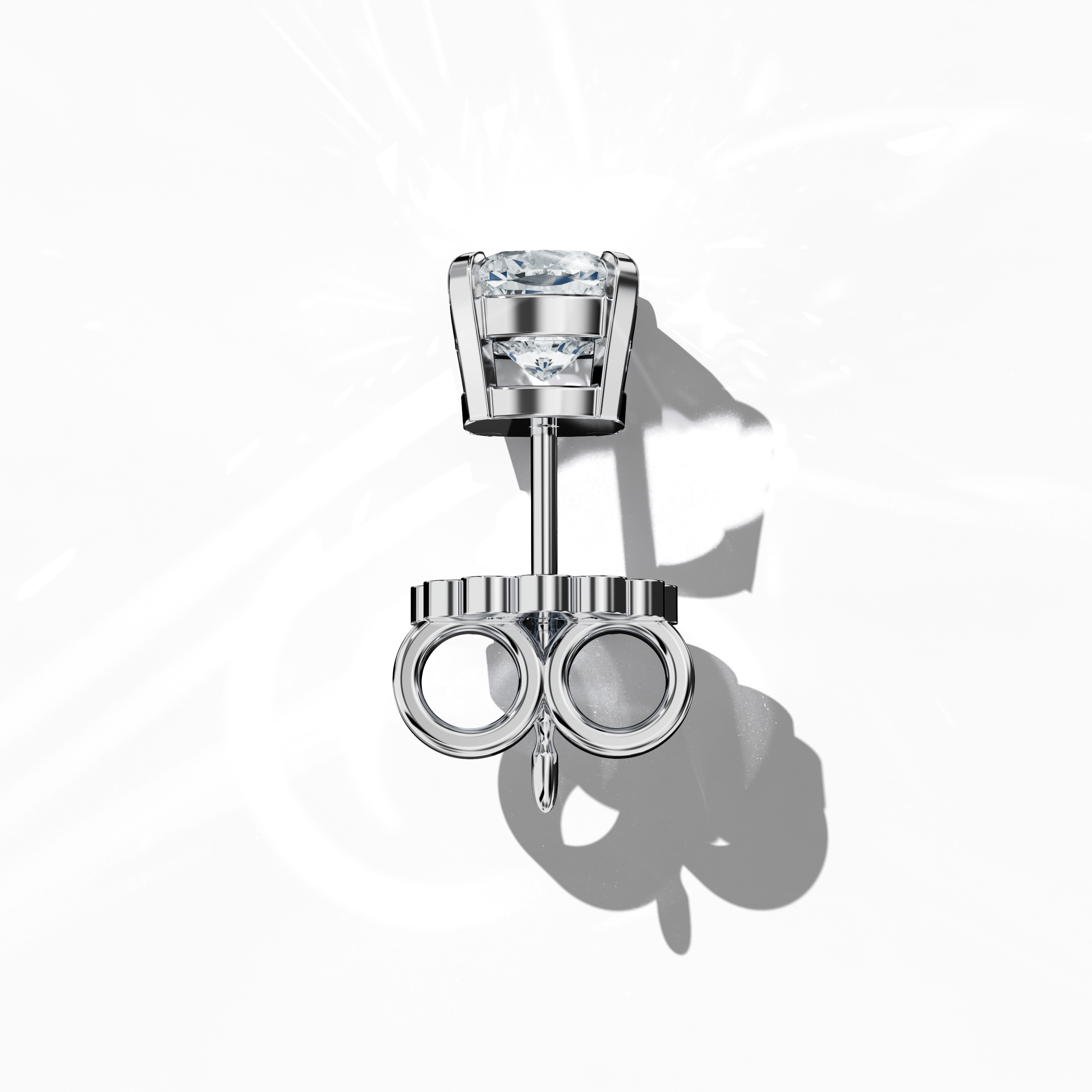 Top view of 1-carat natural diamond earring in 18k white gold with nail prong setting; features a cushion cut diamond (also known as cushion brilliant or pillow cut diamond in various regions) – luxury fine jewelry/fine jewellery ear accessory.