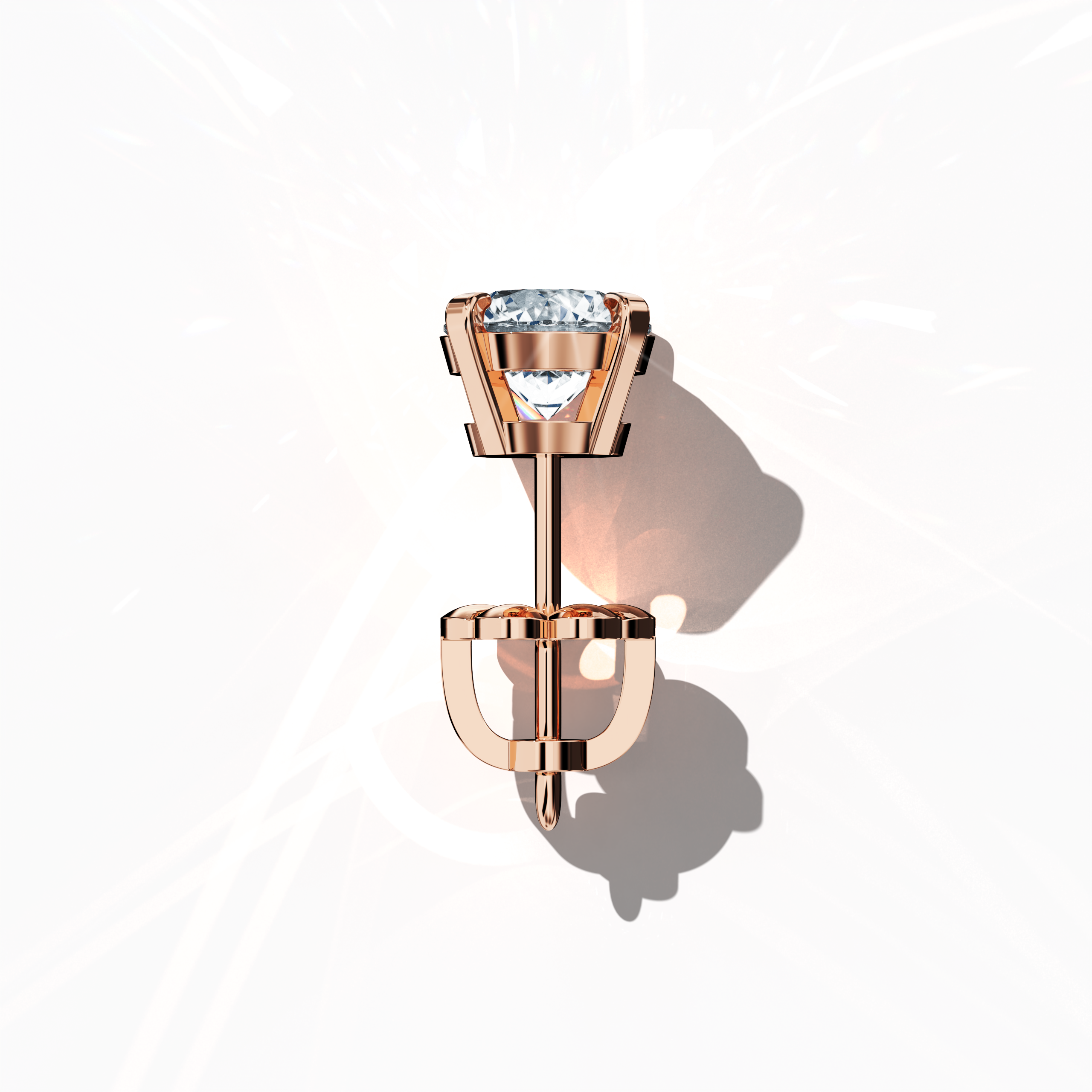 Top view of 2 carat natural diamond stud earrings in classic basket and Nail Prong/claw settings, crafted in 18k Rose gold.