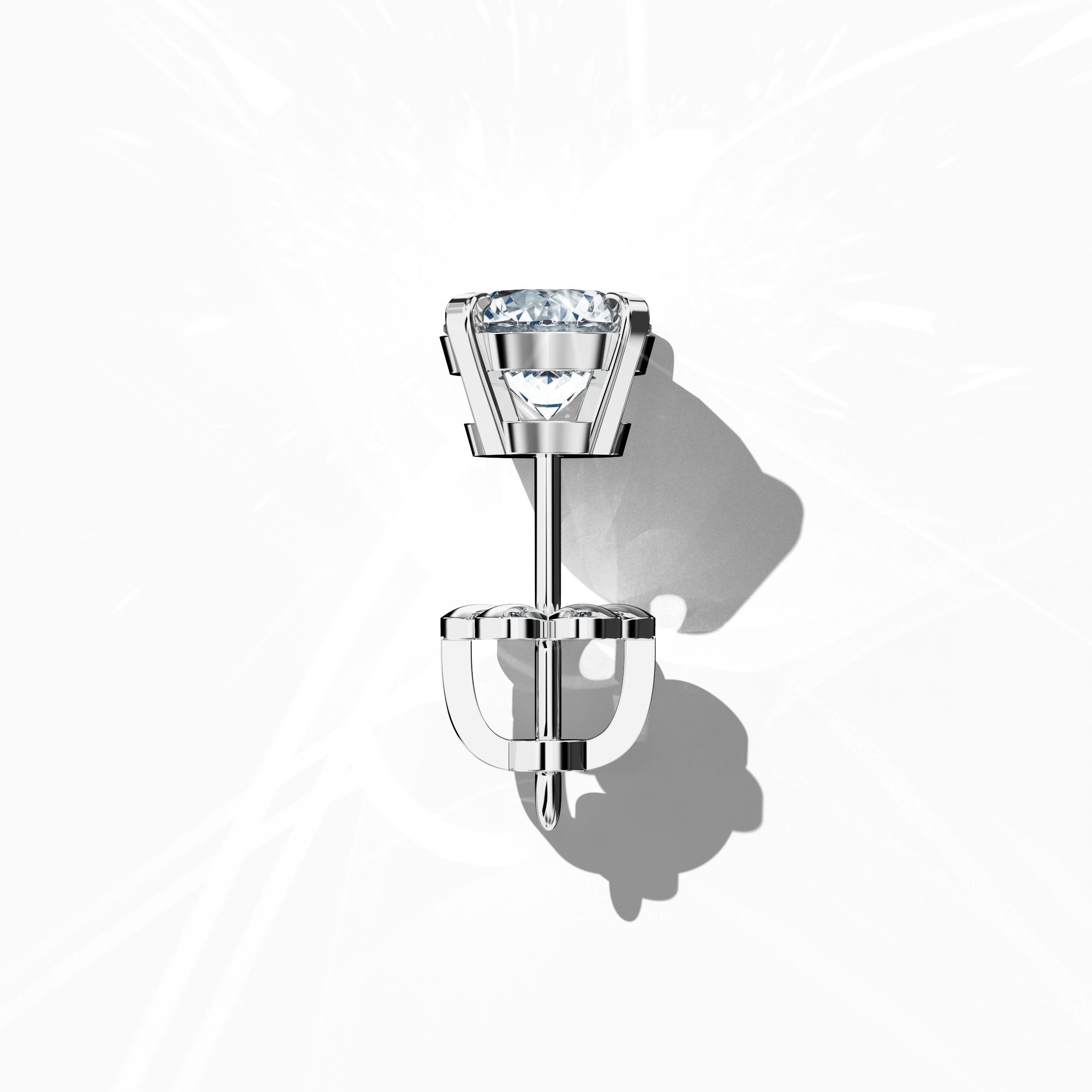 Top view of 2 carat natural diamond stud earrings in classic basket and Nail Prong/claw settings, crafted in 18k white gold.