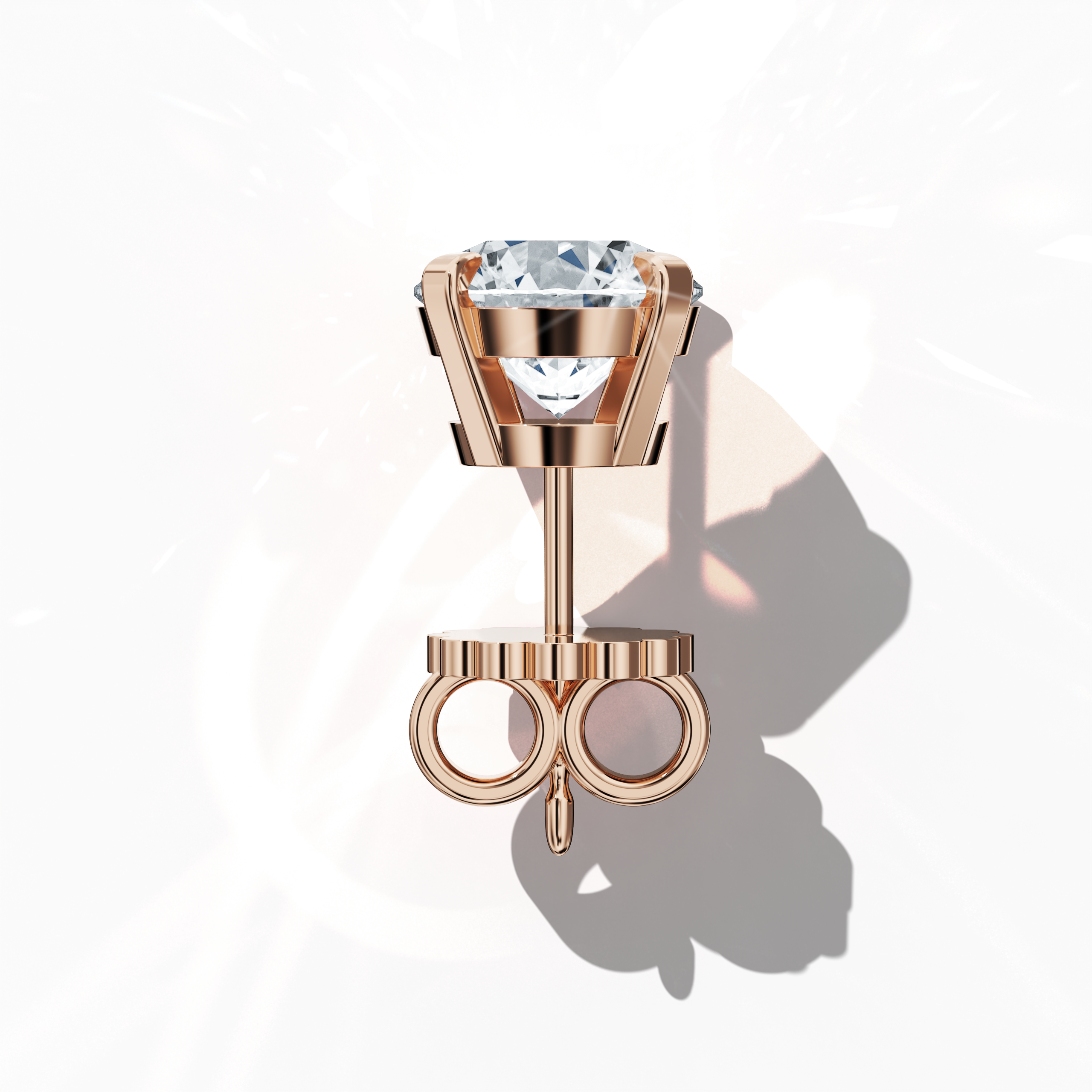Top view of 4 carat natural diamond stud earrings in classic basket and Nail Prong/claw settings, crafted in 18k rose gold.