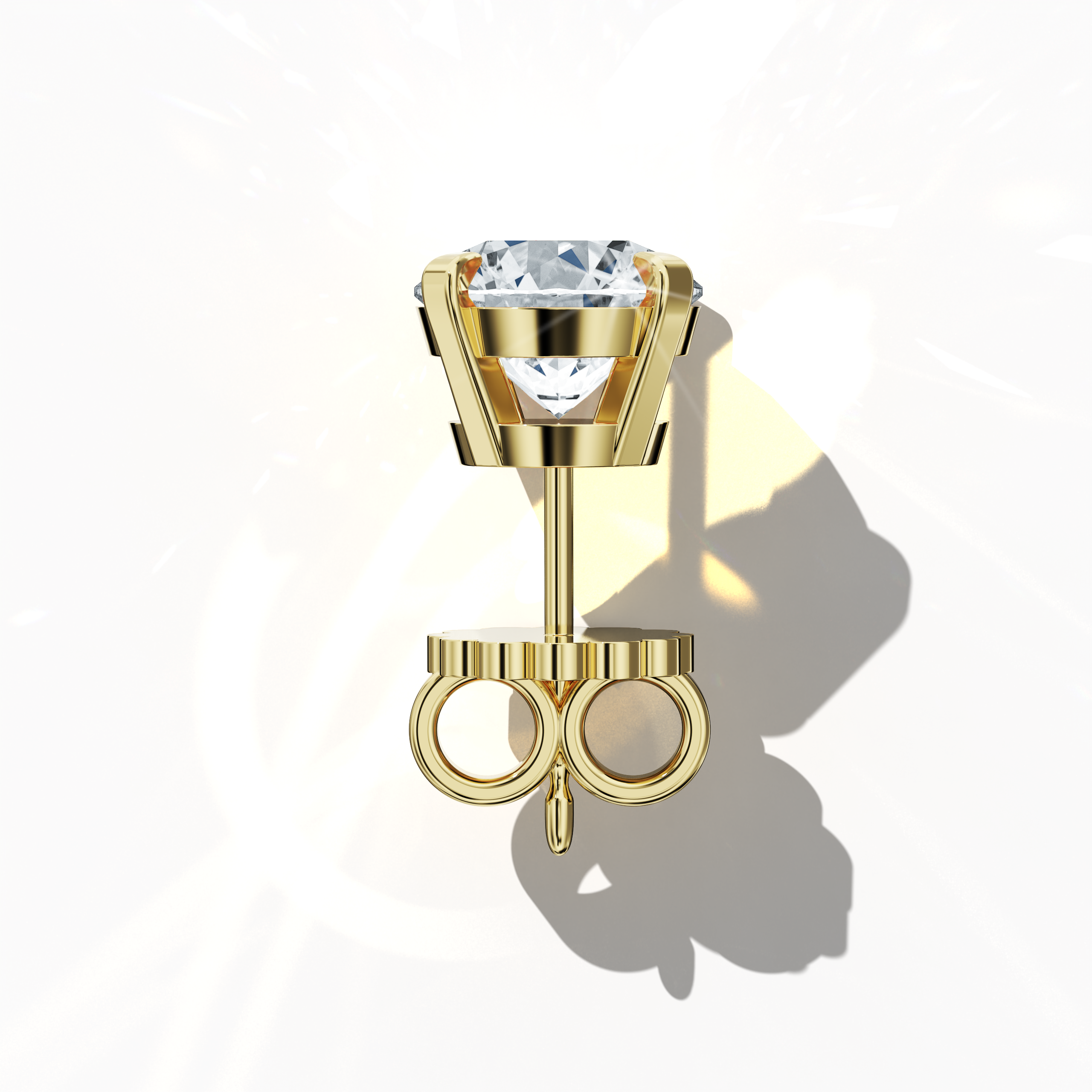 Top view of 6 carat natural diamond stud earrings in classic basket and Nail Prong/claw settings, crafted in 18k yellow gold.