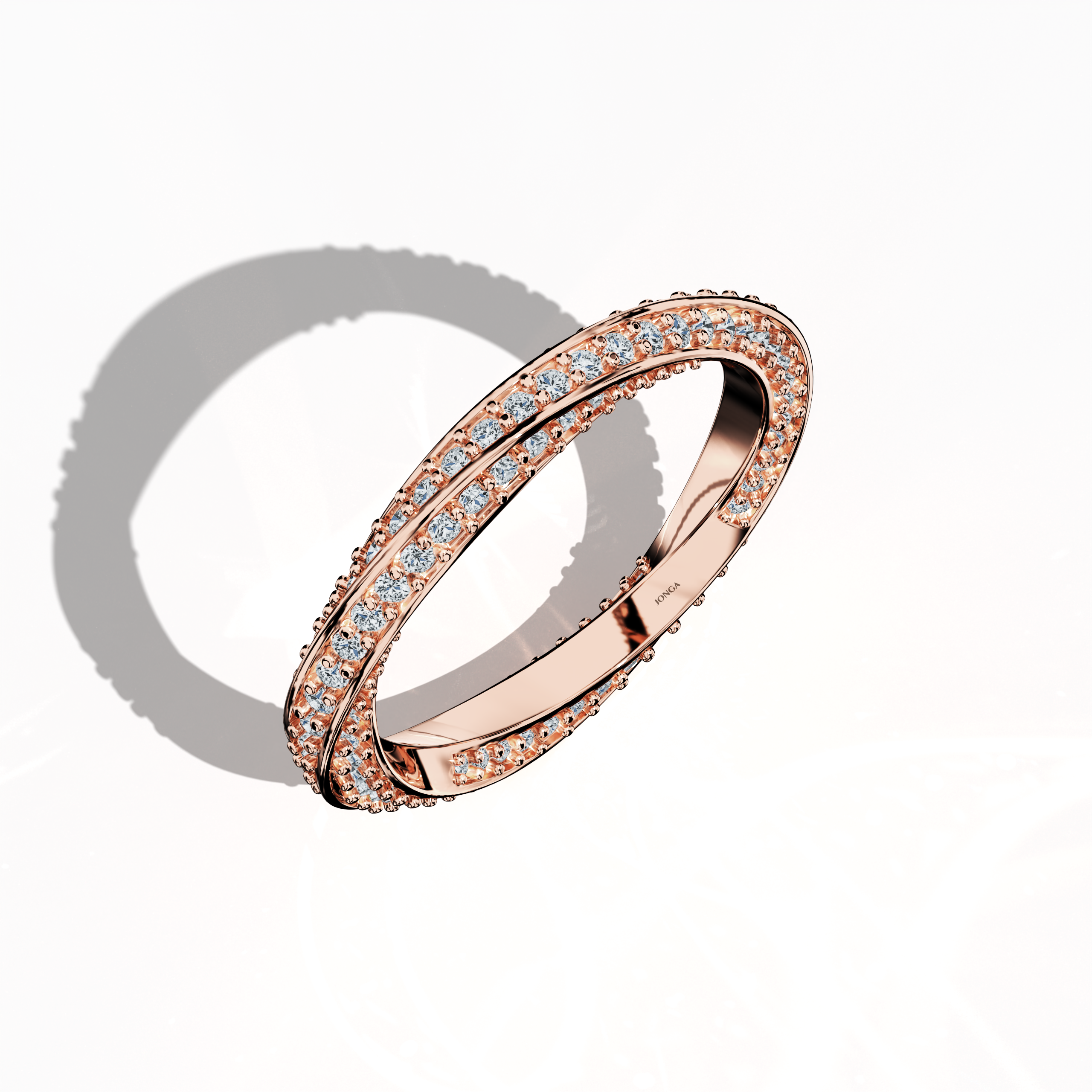 Captured from a standing front top side view, this rose gold twisted diamond band exhibits a stunning spiral design with an impressive 1.05 carat diamond accent. The ring’s interwoven, helix, and twisted elements, enhanced by its soft rosy glow (also known as pink gold), reflect impeccable craftsmanship and modern allure. This luxurious design radiates sophistication and artistic detail, making it a perfect fusion of timeless elegance and contemporary style. Keywords: rose gold, diamond, modern, elegant.