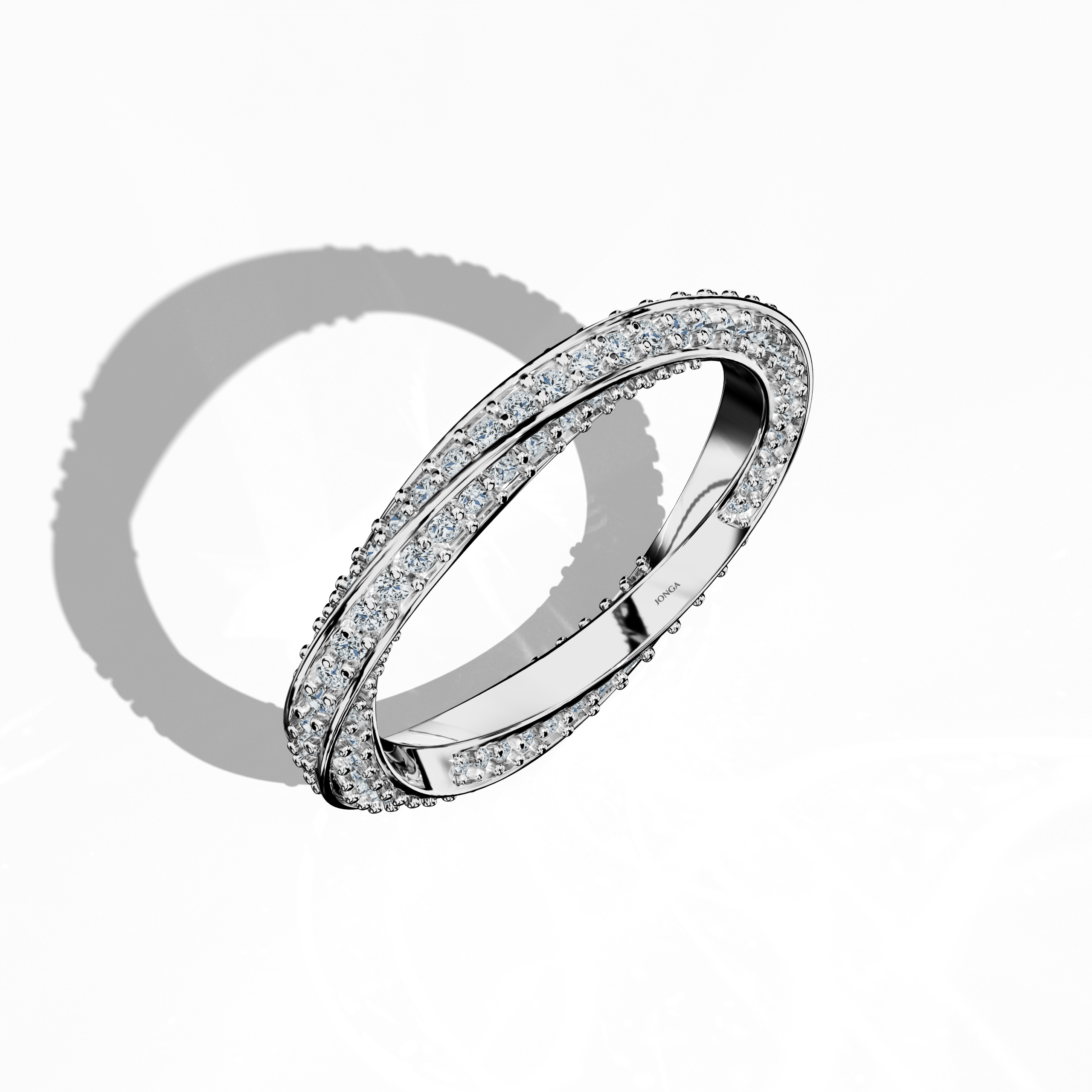 Captured from a standing front top side view, this white gold twisted diamond band reveals a dynamic interplay of curves and angles in its spiral, helix, and interwoven design. Embellished with a 1.05 carat diamond accent, the ring’s luminous white gold finish—often called argentum or bright white gold—enhances its sleek, modern appeal. This refined piece exemplifies luxury and expert artistry, combining timeless design with innovative detailing. Keywords: twisted, modern, luxury, elegant, diamond.