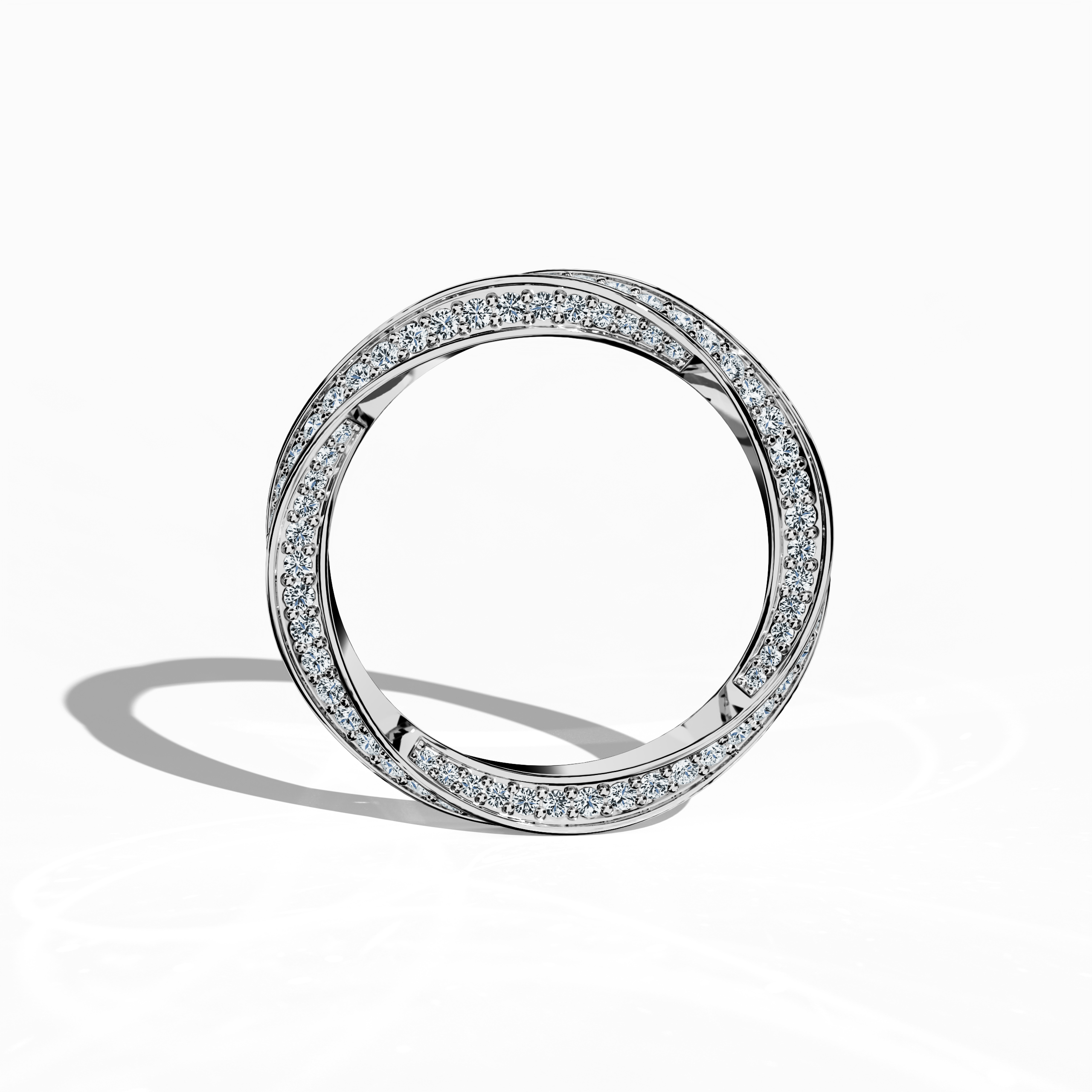 In this standing front view, the white gold twisted diamond band is presented with a striking spiral design accentuated by a radiant 1.05 carat diamond. The piece, interchangeably known as a helix, spiral, or interwoven band, exudes modern sophistication and refined luxury. Its luminous finish—described as argentum or bright white gold in alternative markets—highlights intricate detailing and impeccable craftsmanship, making it a statement of contemporary elegance. Keywords: diamond, elegant, luxury, modern