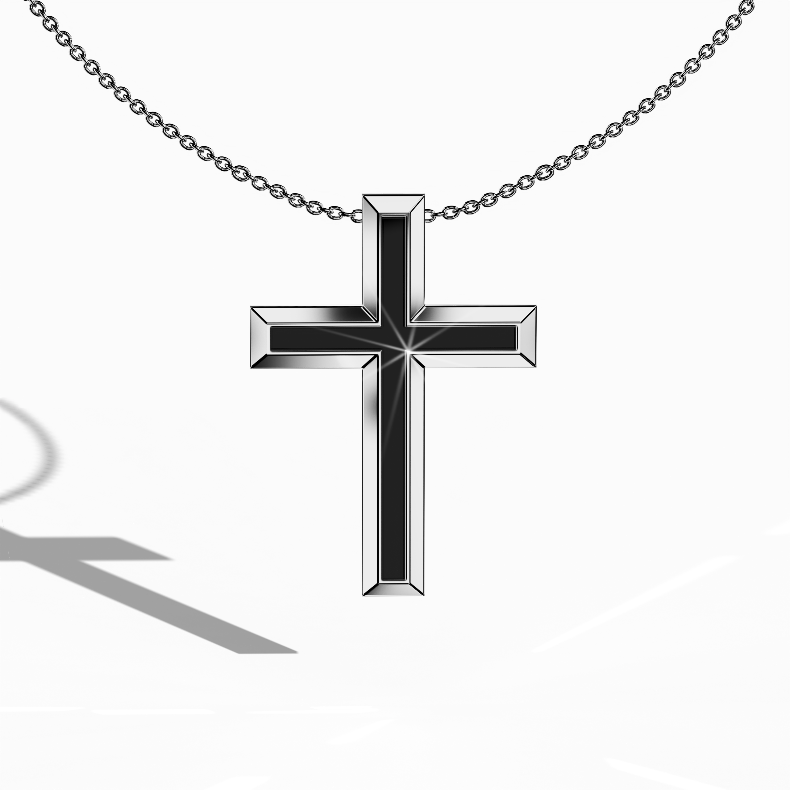 3 step cross pendant center black Enamel in White Gold