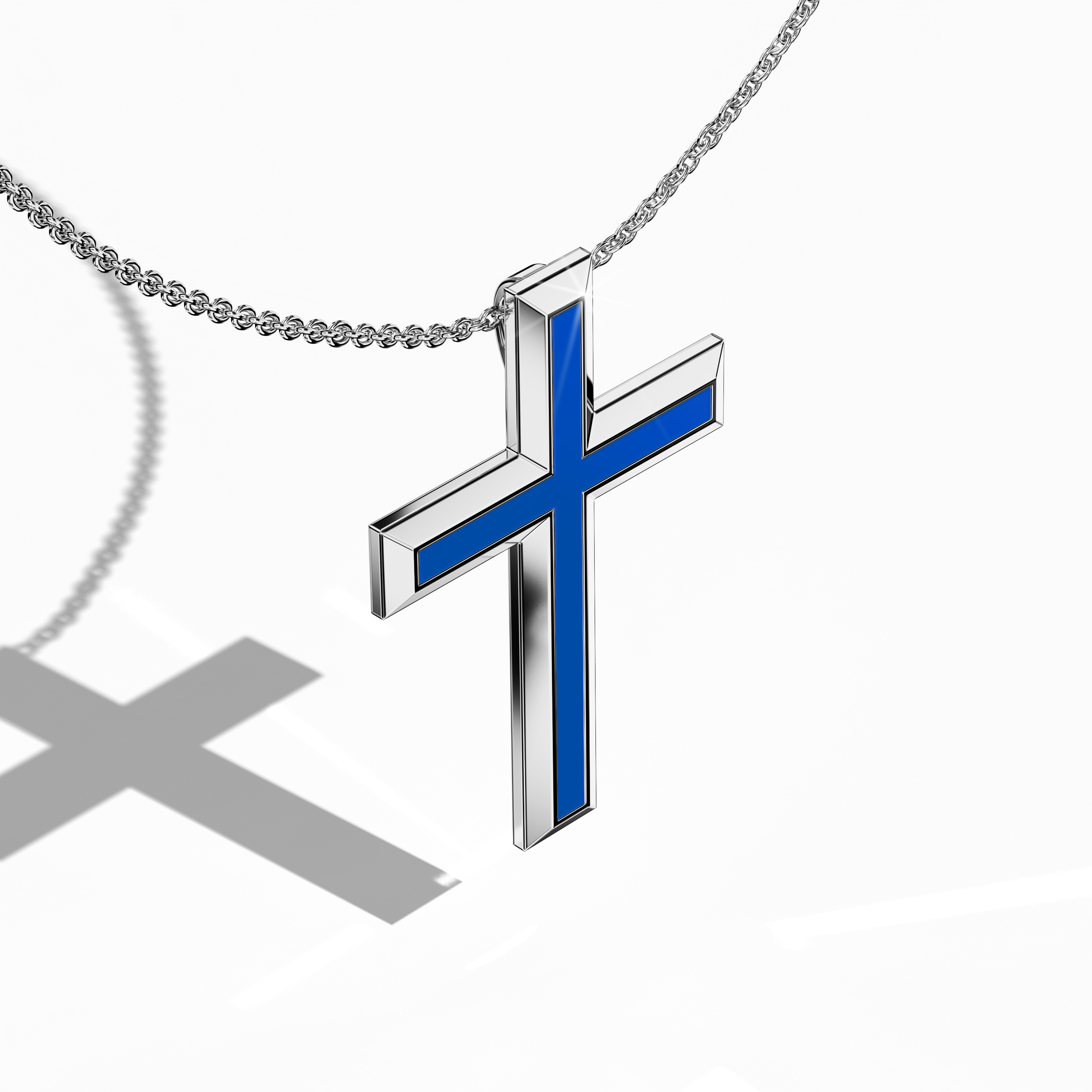 3 step cross pendant center Jonga Blue Enamel in White Gold