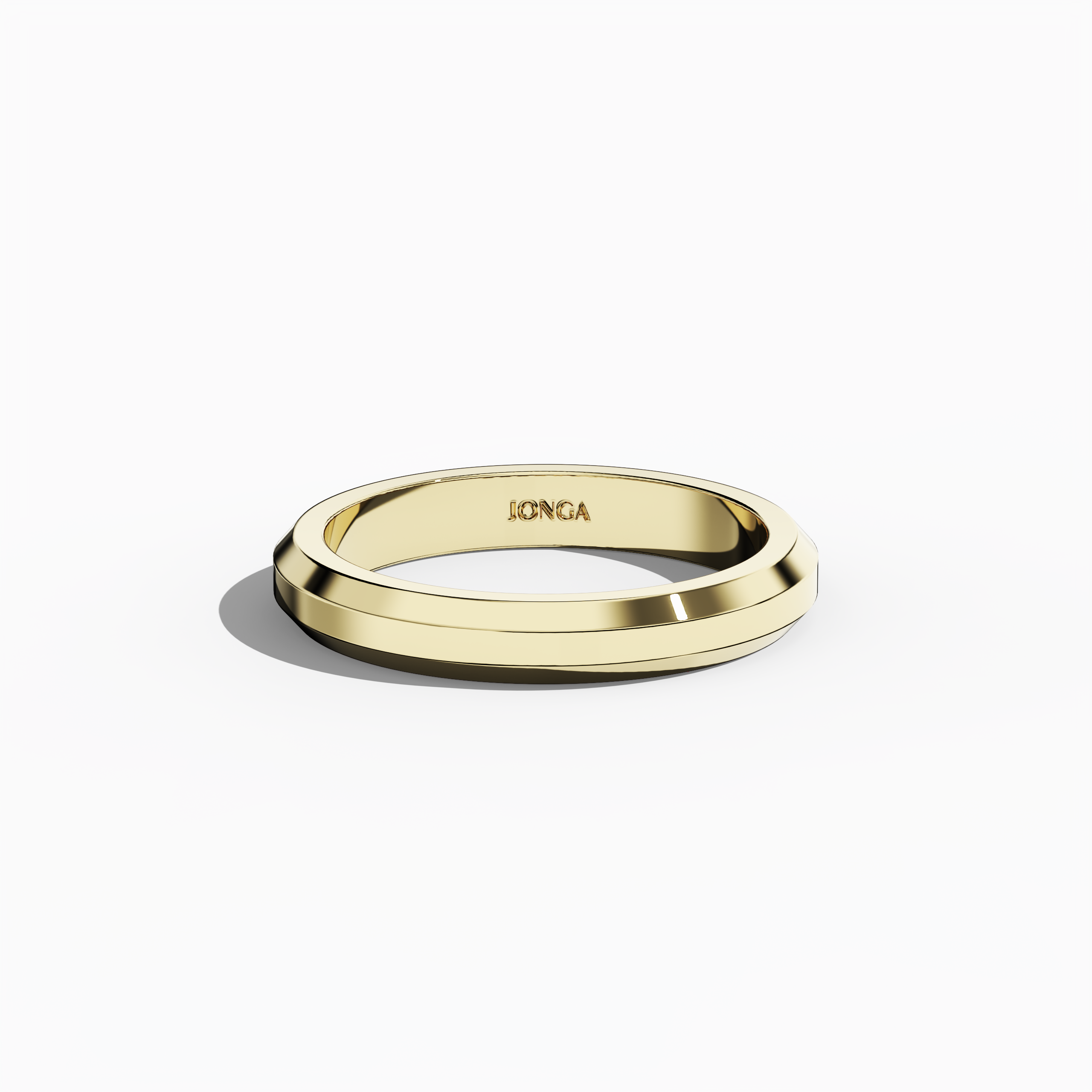 Top-down image of a 3.2mm three-step wedding band crafted in luminous yellow gold, also termed classic gold or golden yellow, presented in a sleeping front top view. The band showcases a matte-finished center step flanked by glossy-finished steps, embodying the tiered band, stepped-edge ring, or layered wedding band design. This perspective highlights the harmonious contrast between textures and the ring's timeless appeal. Keywords: yellow gold wedding band, three-step design, matte center, glossy finish.