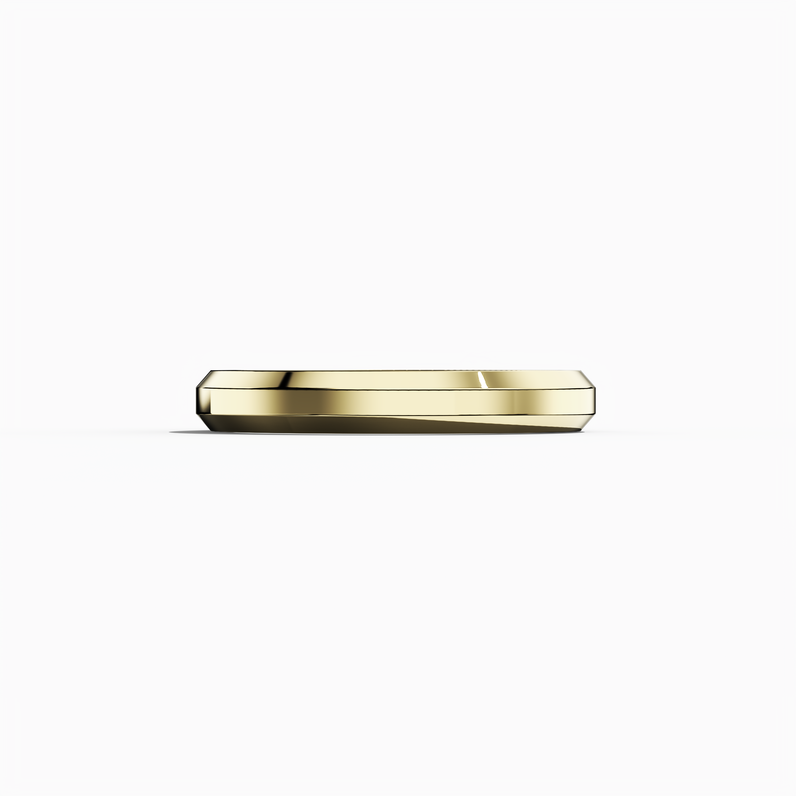 Image of a 3.2mm wide three-step wedding band in classic yellow gold, also known as traditional gold or sunlit gold, displayed in a sleeping front view. The center step features a matte finish, while the adjacent steps boast a glossy sheen. This design, referred to as a tiered band, stepped-edge ring, or layered wedding band, embodies timeless elegance and meticulous craftsmanship. Keywords: yellow gold wedding band, three-step design, matte and glossy finish, traditional gold, tiered band.