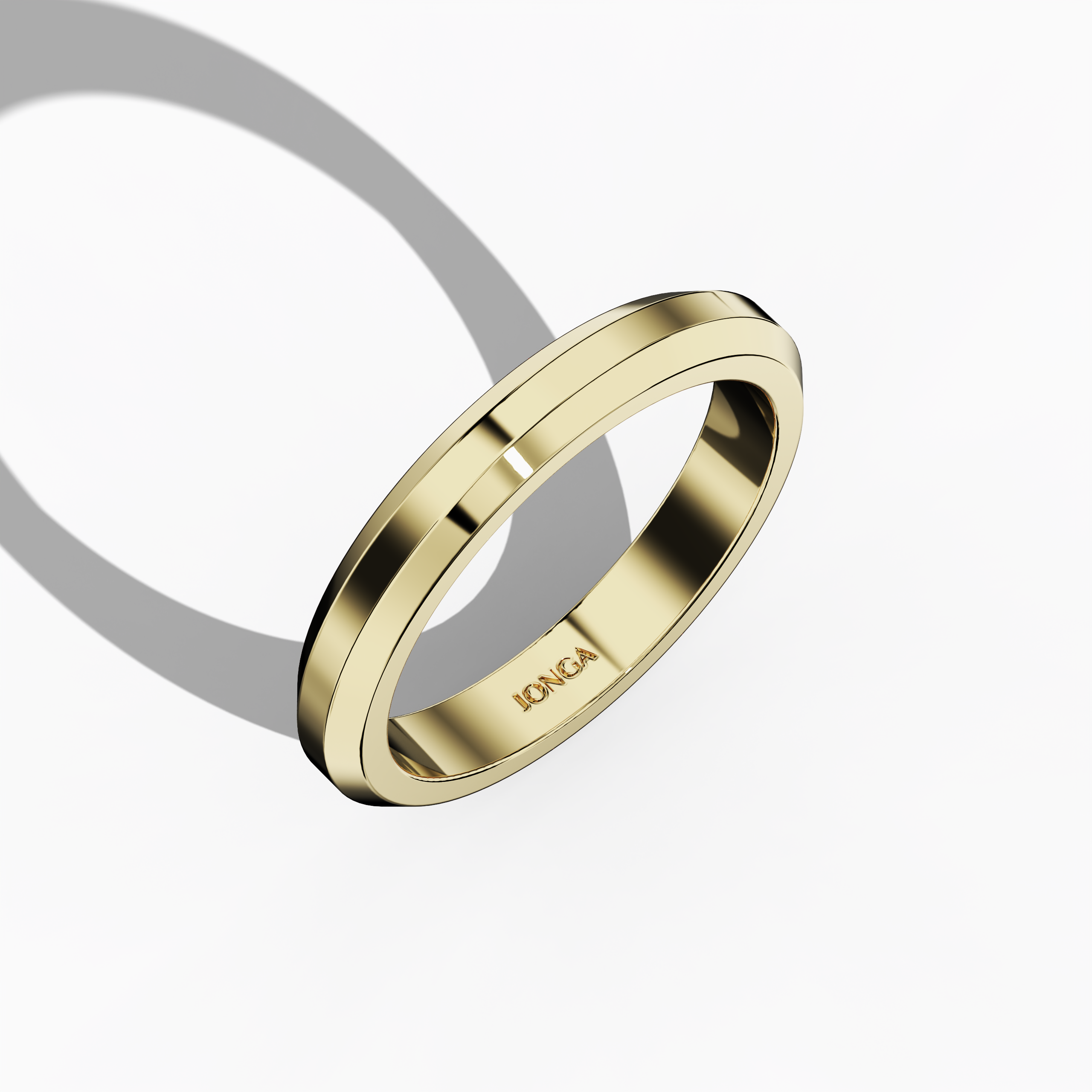 Striking image capturing a 3.2mm three-step wedding band in luminous yellow gold (classic or sunlit gold) from a standing front top side view. The ring’s design features a distinct matte-finished central step bordered by glossy-finished outer steps, embodying aesthetics of a tiered band, stepped-edge ring, layered wedding band, and three-tier band. This perspective emphasizes contemporary design, intricate detailing, and refined craftsmanship that resonate with global style. Keywords: yellow gold.