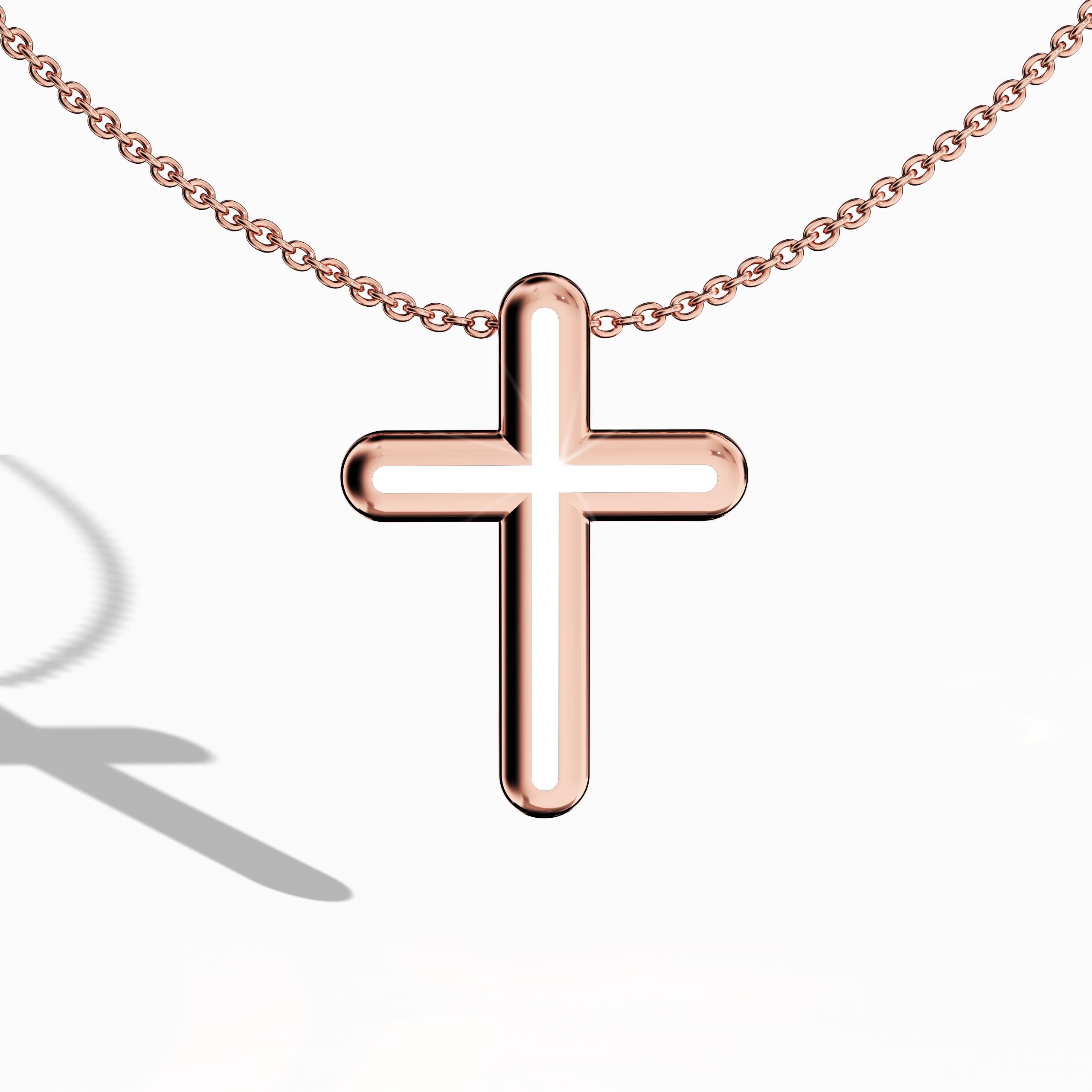 Front view of a center enamel cross pendant in luminous rose gold, sometimes referred to as pink or blush gold in various locales. The crisp white enamel, also known as pearl or ivory enamel, defines a design recognized as multi-tier or layered cross. Its polished finish offers a gentle contrast, blending spiritual heritage with graceful modernity. Keywords: enamel cross, rose gold, white enamel, elegant design.