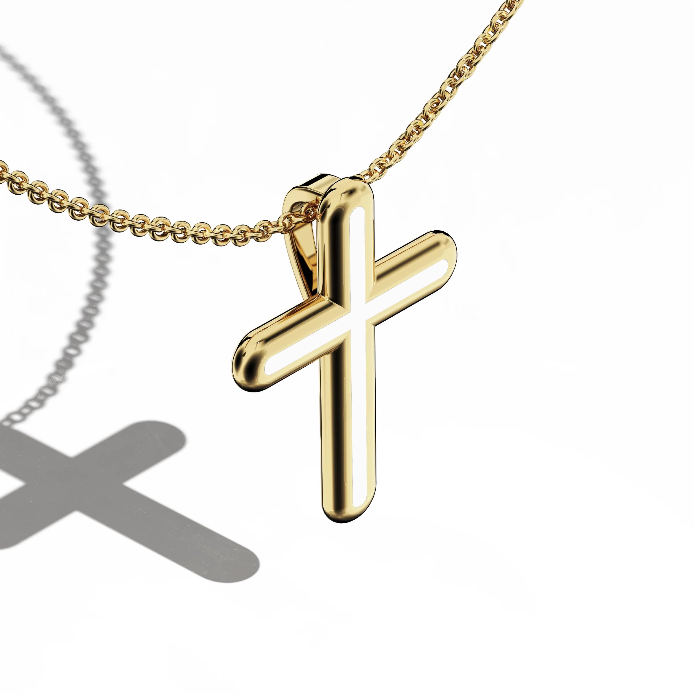 Front top side view of a center enamel cross pendant in radiant yellow gold, often described as traditional or golden-hued metal. The crisp white enamel (sometimes known as pearl or ivory) highlights the multi-step or tri-tier cross shape from this angled vantage. Polished contours underscore a classic pairing of warm metal and bright enamel, uniting tradition with current style. Keywords: enamel cross, yellow gold, white enamel, tri-tier design.
