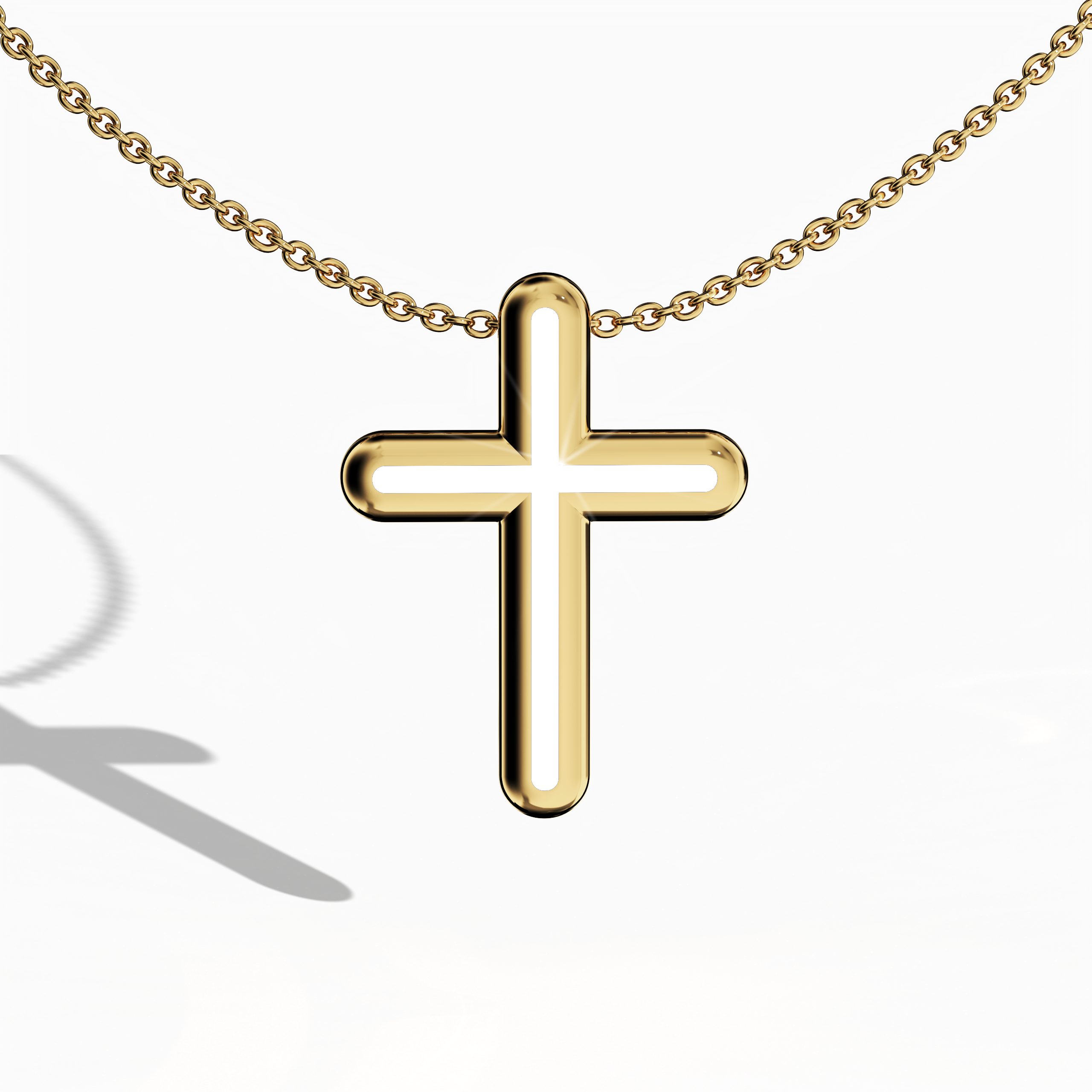 Front view of a center enamel cross pendant in classic yellow gold, sometimes labeled traditional or golden-hued metal in different regions. The white enamel, also referred to as pearl or ivory enamel, creates a design recognized as multi-tier or layered cross. Polished edges emphasize a timeless blend of sacred symbolism and modern elegance. Keywords: enamel cross, yellow gold, white enamel, layered design.