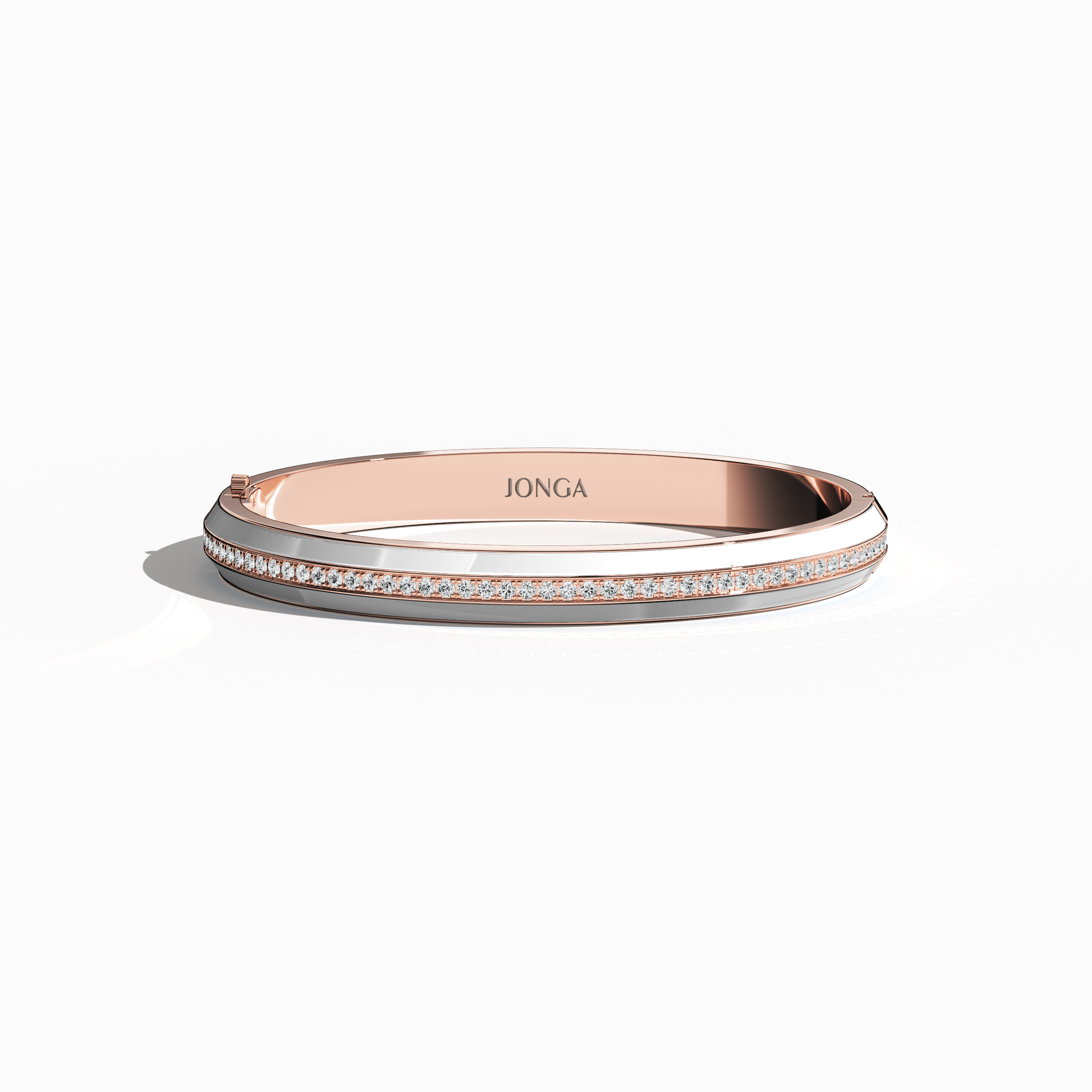 Front top view of a side enamel center paved bangle in rose gold (sometimes known as blush gold), accentuated by a pristine white enamel stripe. This 2.60-carat diamond ornament—termed bracelet, armlet, kangan, or pulsera—blends shimmering pavé diamonds with fresh enamel. Its streamlined silhouette and subtle pinkish metal create an elegant yet contemporary style. Keywords: bangle, enamel, diamonds, rose gold.