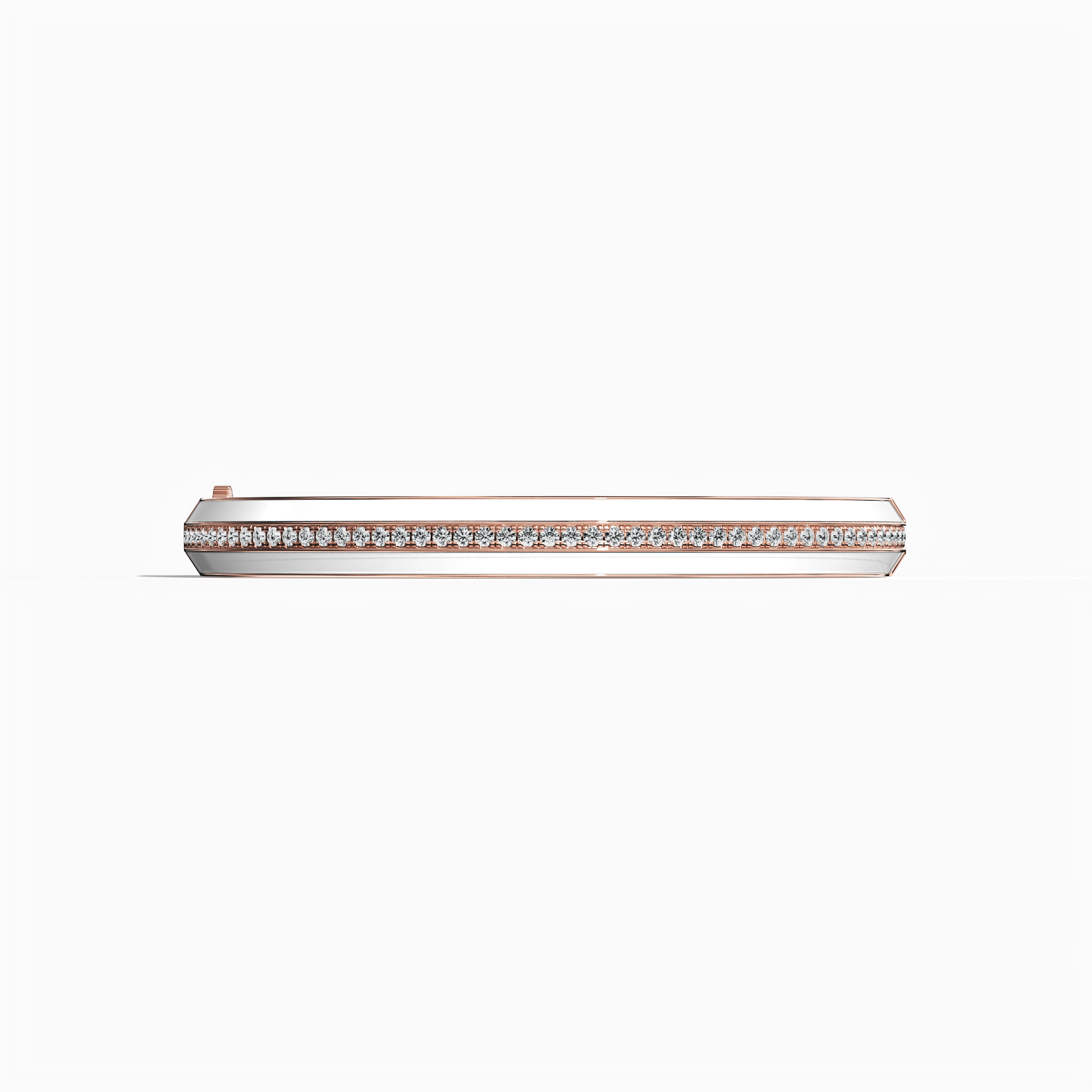Front view of a side enamel center paved bangle in rose gold (also referred to as pink gold), featuring a crisp white enamel band. Sparkling with 2.60 carats of diamonds in a pavé setting, this exquisite piece—called bracelet, armlet, kangan, or pulsera—unites modern grace with a warm metallic hue. The refined design combines radiant gemstones and a bright enamel accent for timeless appeal. Keywords: bangle, enamel, diamonds, rose gold.